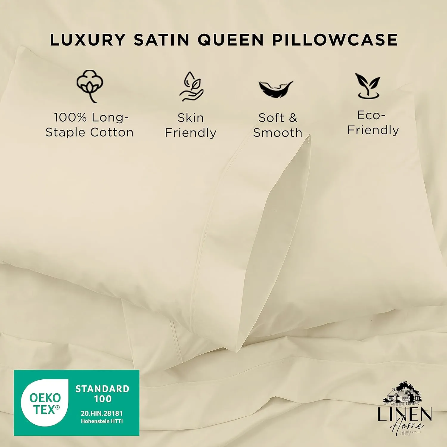 Linen Home 500 Thread Count Queen Pillowcase Set | 100% Long-Staple Cotton Pillow Cases | Soft & Smooth Luxury Satin Set of 2 Pillowcases | 4 Inch Z Hem | Ivory