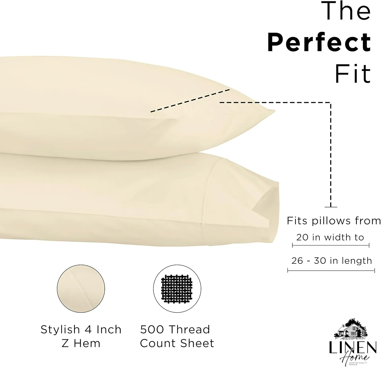Linen Home 500 Thread Count Queen Pillowcase Set | 100% Long-Staple Cotton Pillow Cases | Soft & Smooth Luxury Satin Set of 2 Pillowcases | 4 Inch Z Hem | Ivory