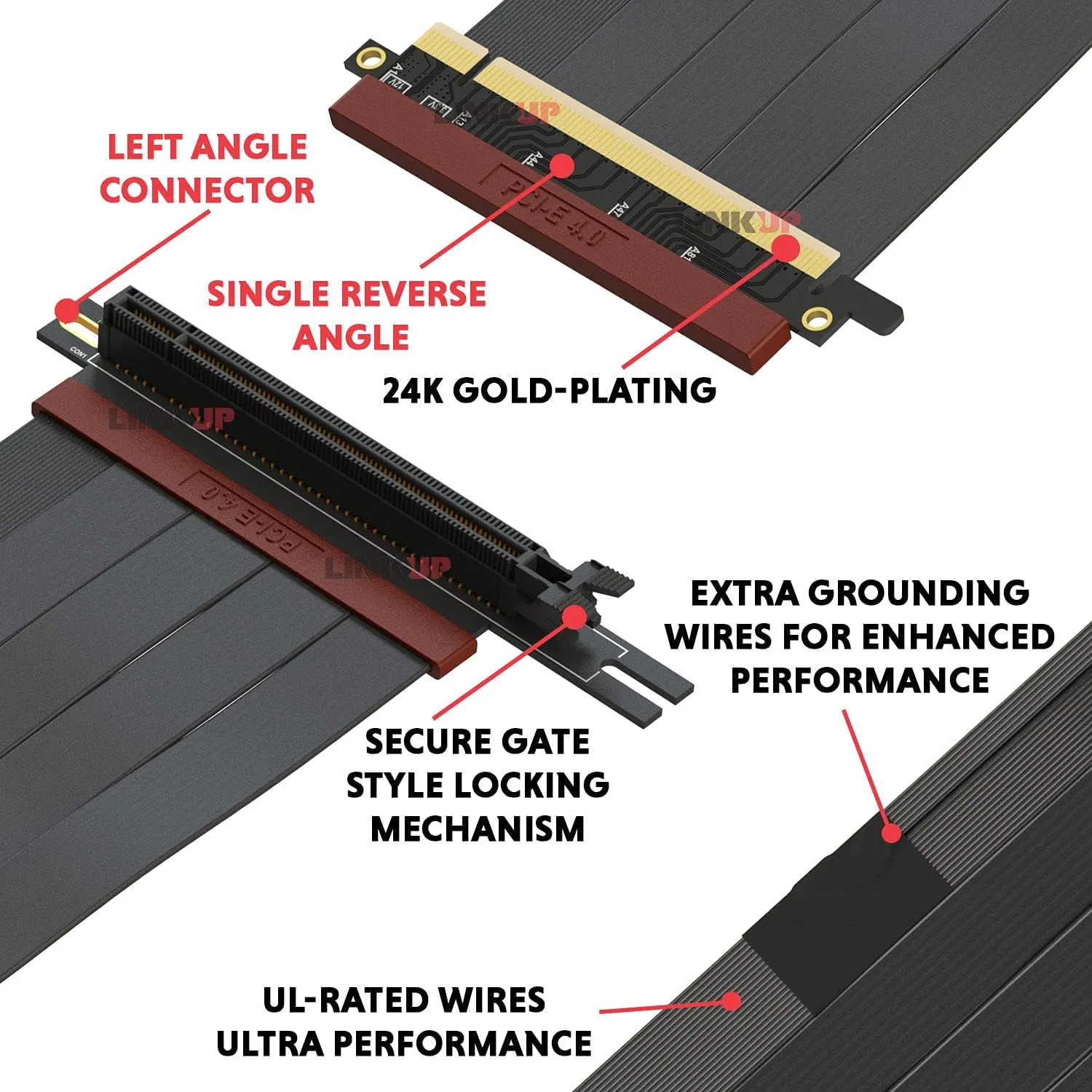 LINKUP - Ultra PCIe 4.0 X16 Riser Cable Shielded Gaming PCI Express Gen4 Reverse PCIE Connector w/ 270 Degree Socket (24cm / 9.44") Compatible with NZXT H1 Without Screw