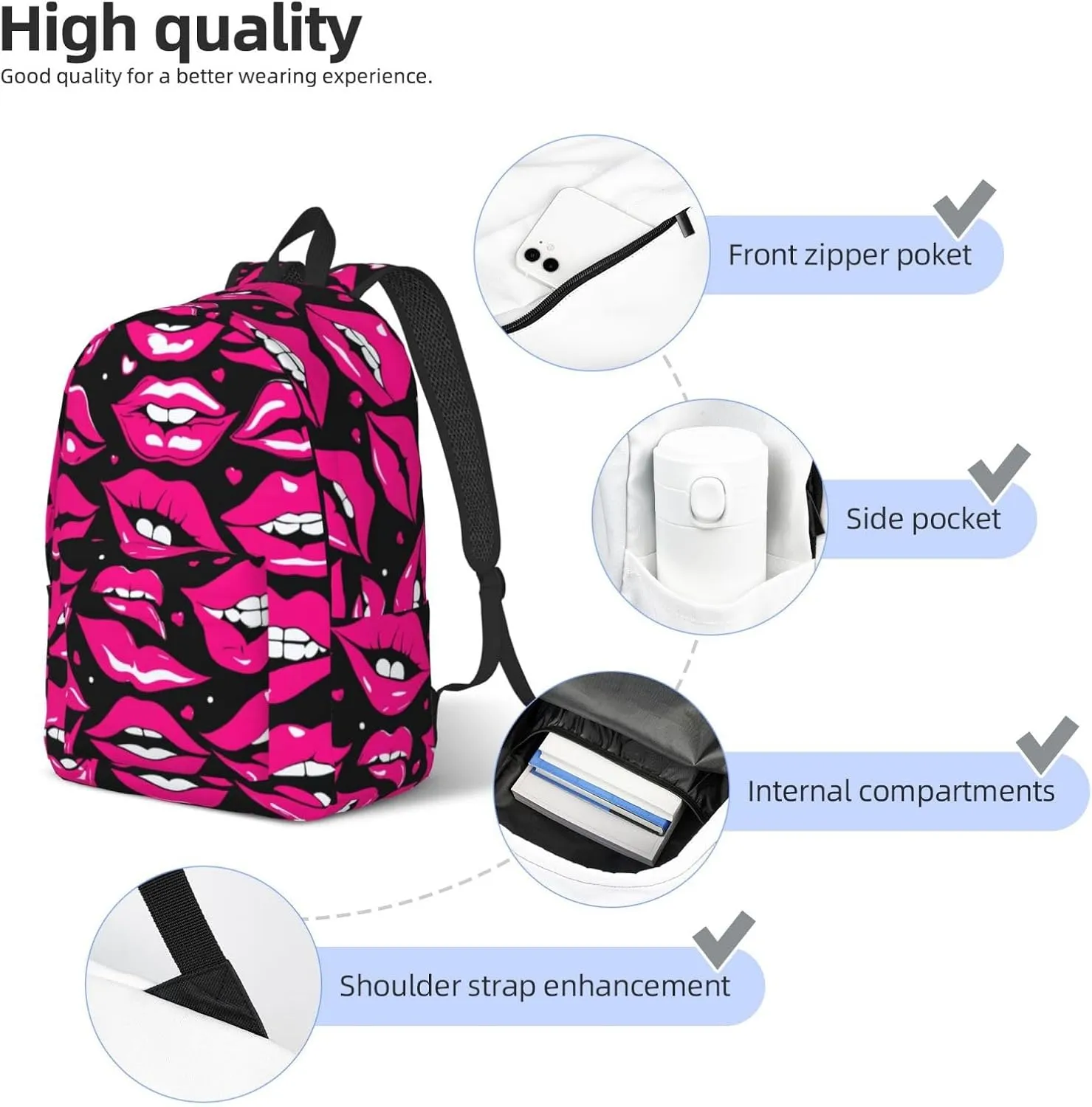 Lips print Duffel Bag, Lightweight Duffel Bag, Casual Backpack, 17.7 x 6.3 x 12.2 inches