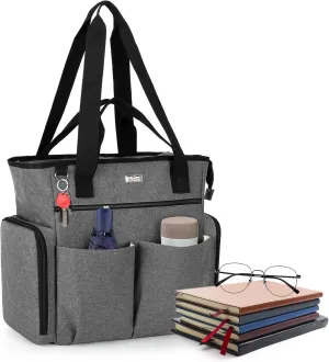 LoDrid Teacher Tote Bag with Padded Bottom, Teacher Utility Bag with 15.6” Laptop Compartments, Teacher Work Tote Carry Bag with Several Inner & Outer Pockets, Work, Gray