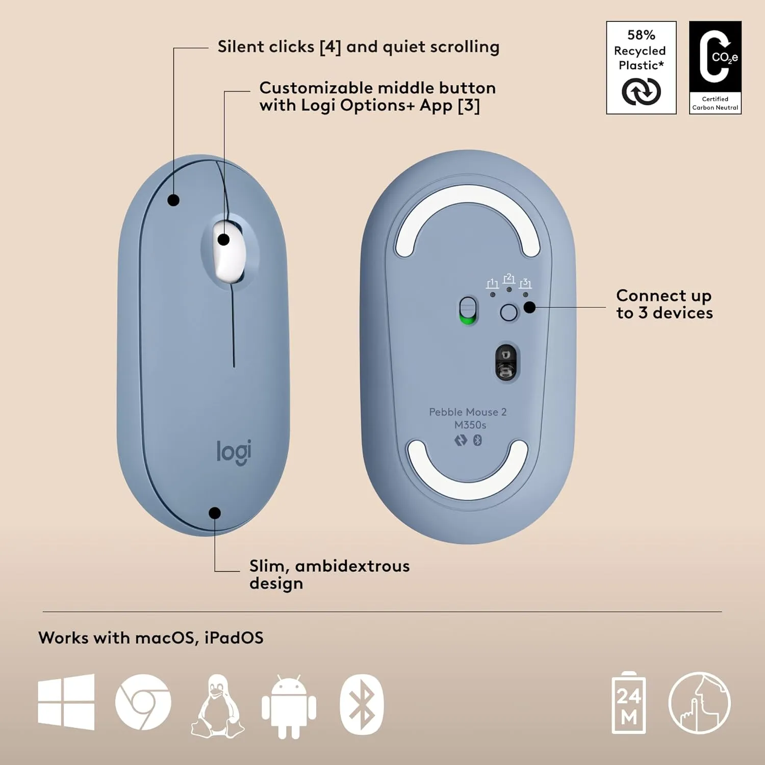 Logitech Pebble 2 Combo for Mac, Wireless Keyboard and Mouse, Slim, Quiet and Portable, Customizable, Bluetooth Mouse and Keyboard, Easy-Switch, for macOS, iPadOS - Tonal Blue