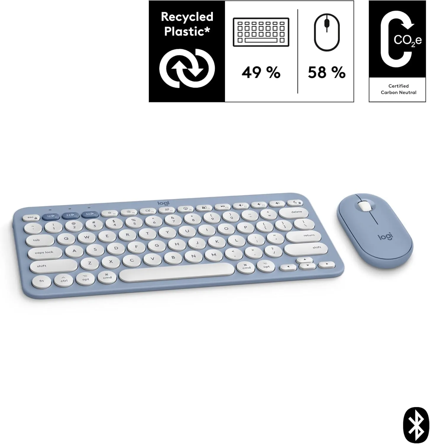 Logitech Pebble 2 Combo for Mac, Wireless Keyboard and Mouse, Slim, Quiet and Portable, Customizable, Bluetooth Mouse and Keyboard, Easy-Switch, for macOS, iPadOS - Tonal Blue