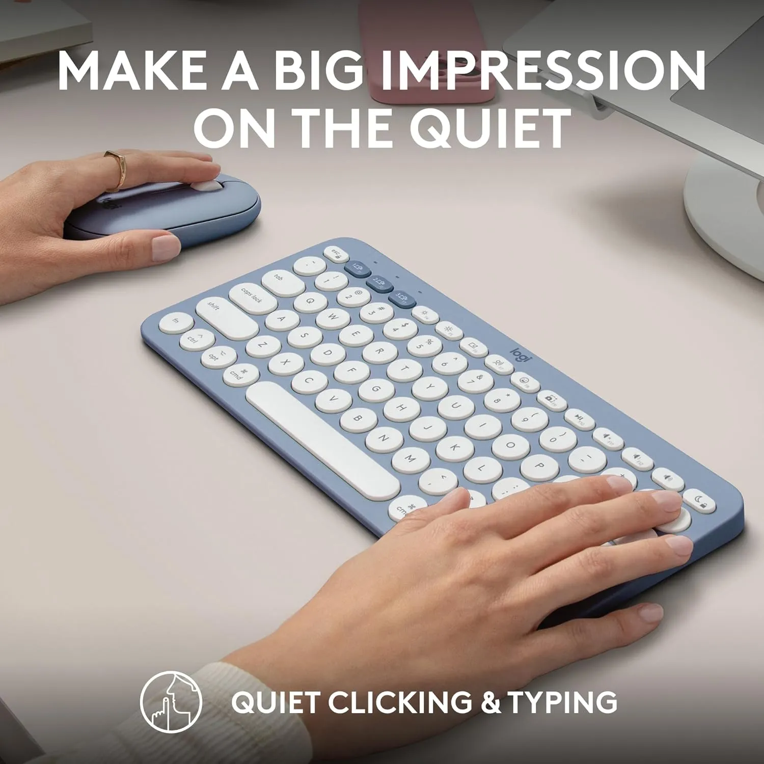 Logitech Pebble 2 Combo for Mac, Wireless Keyboard and Mouse, Slim, Quiet and Portable, Customizable, Bluetooth Mouse and Keyboard, Easy-Switch, for macOS, iPadOS - Tonal Blue