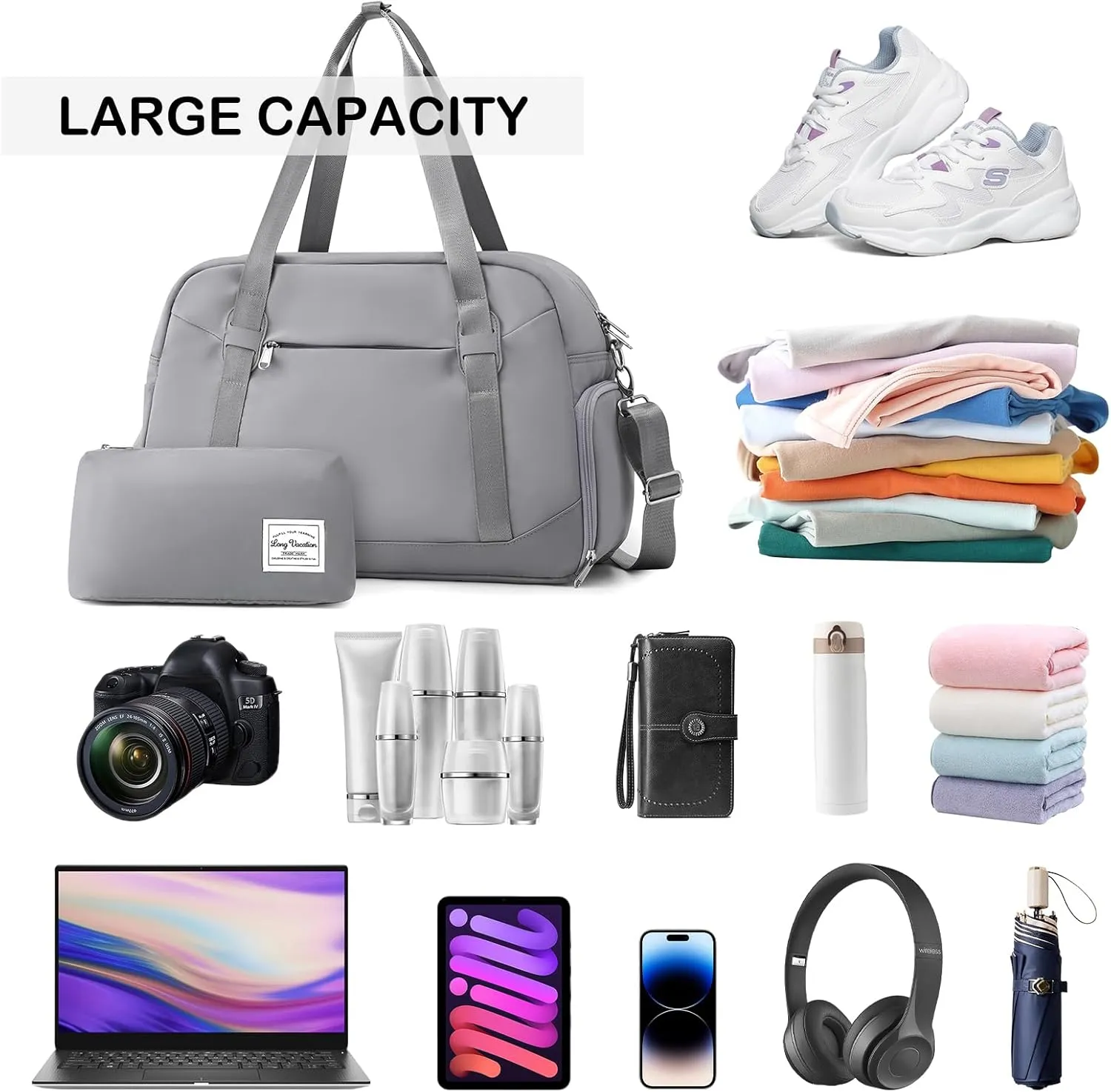LONG VACATION Women's Travel Duffel Bag with Toiletry Bag, Sports Gym Bag Weekendeer Carry-on Tote with Shoe Compartment and Wet Pocket, Yoga Bag Fit 15.6inch Laptop (GREY, 18-inch)