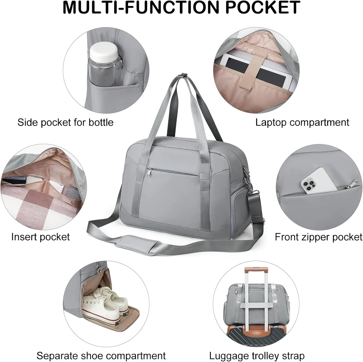 LONG VACATION Women's Travel Duffel Bag with Toiletry Bag, Sports Gym Bag Weekendeer Carry-on Tote with Shoe Compartment and Wet Pocket, Yoga Bag Fit 15.6inch Laptop (GREY, 18-inch)