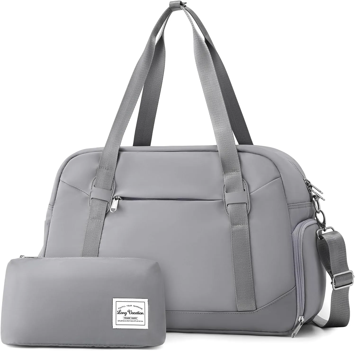 LONG VACATION Women's Travel Duffel Bag with Toiletry Bag, Sports Gym Bag Weekendeer Carry-on Tote with Shoe Compartment and Wet Pocket, Yoga Bag Fit 15.6inch Laptop (GREY, 18-inch)