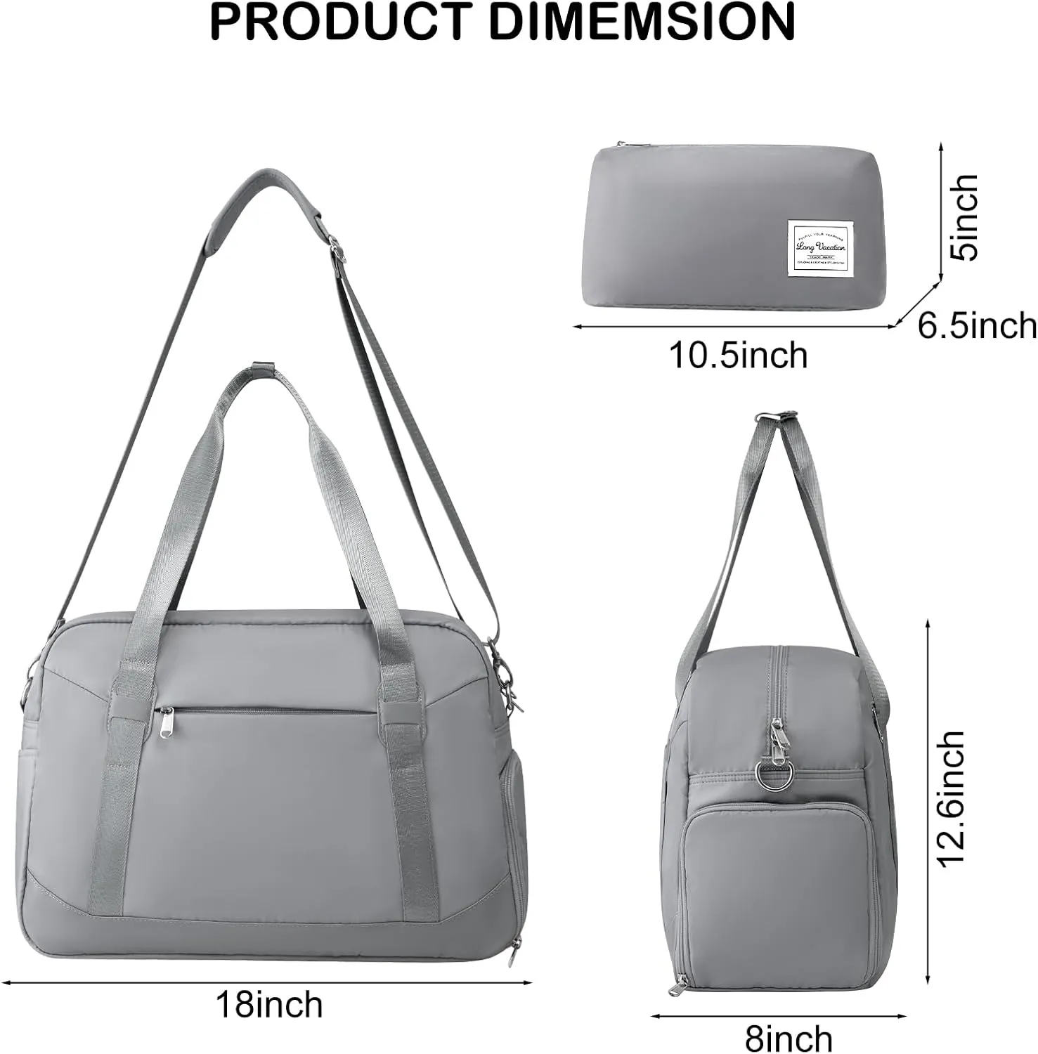 LONG VACATION Women's Travel Duffel Bag with Toiletry Bag, Sports Gym Bag Weekendeer Carry-on Tote with Shoe Compartment and Wet Pocket, Yoga Bag Fit 15.6inch Laptop (GREY, 18-inch)