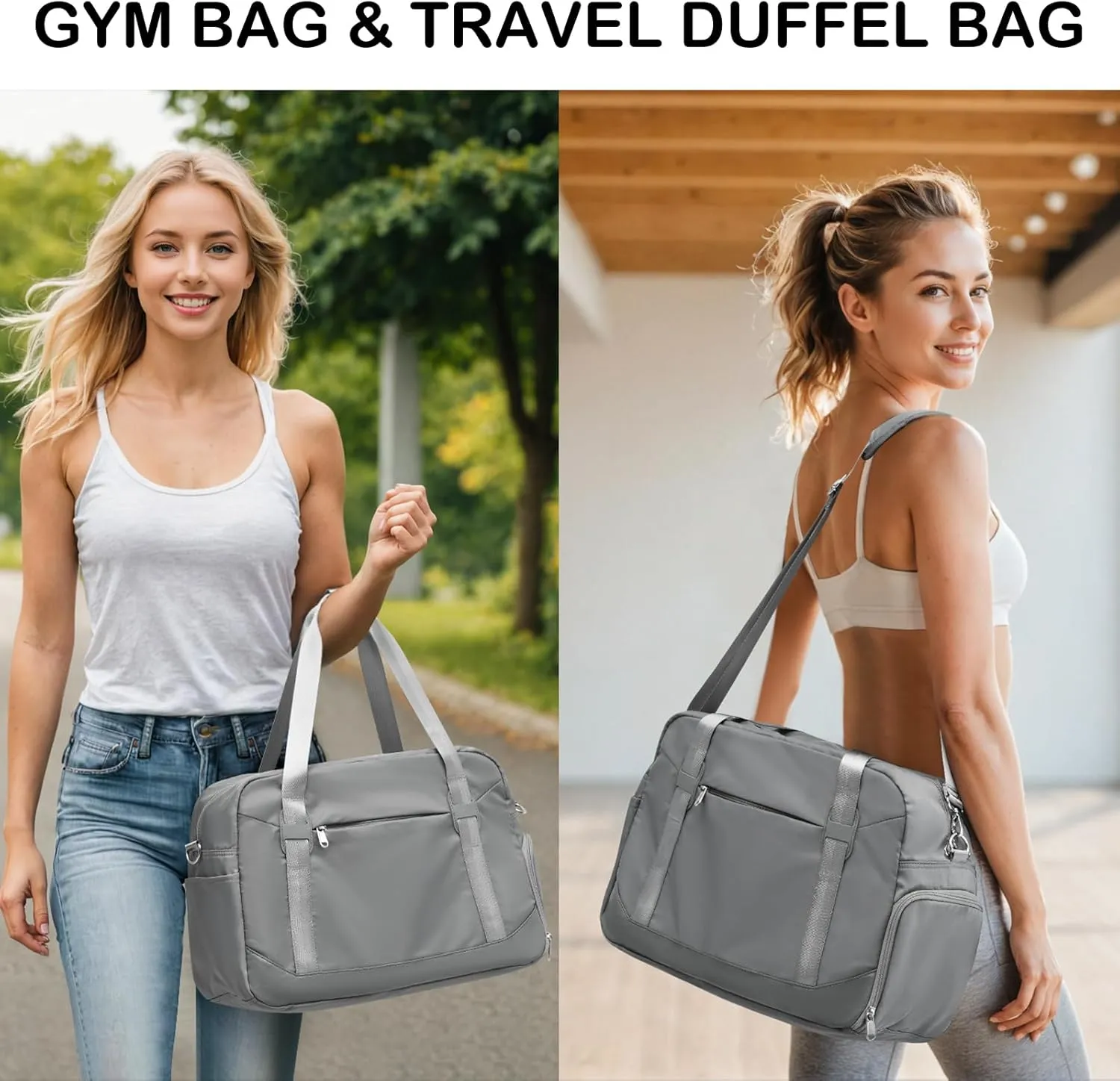 LONG VACATION Women's Travel Duffel Bag with Toiletry Bag, Sports Gym Bag Weekendeer Carry-on Tote with Shoe Compartment and Wet Pocket, Yoga Bag Fit 15.6inch Laptop (GREY, 18-inch)