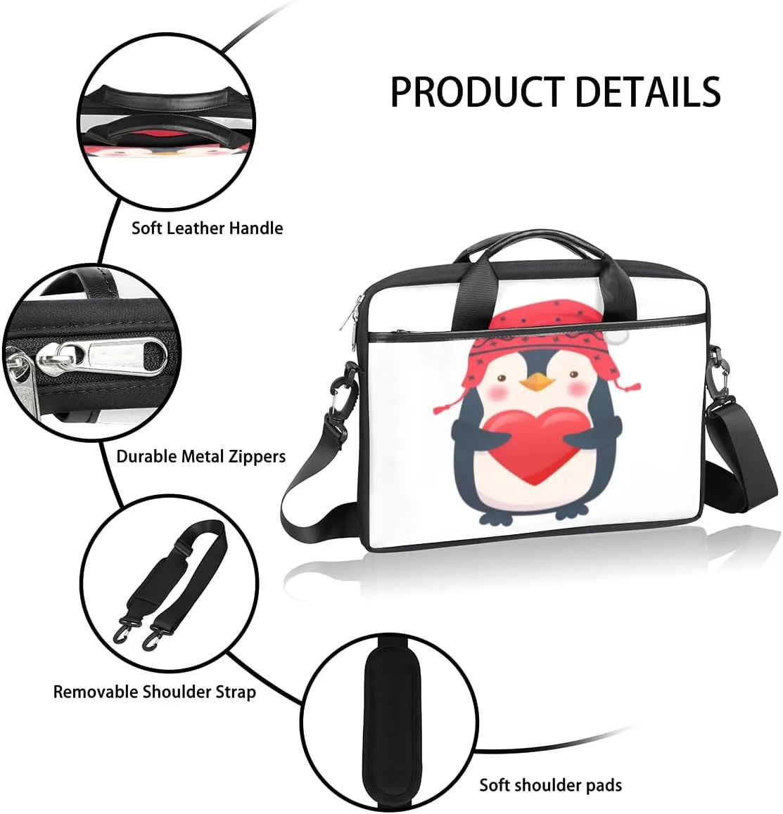 Love Penguin Laptop Bag for Men Women 13-15 Inch Case Bags Sleeve Shoulder with Anti Slip Removable The Pad Straps