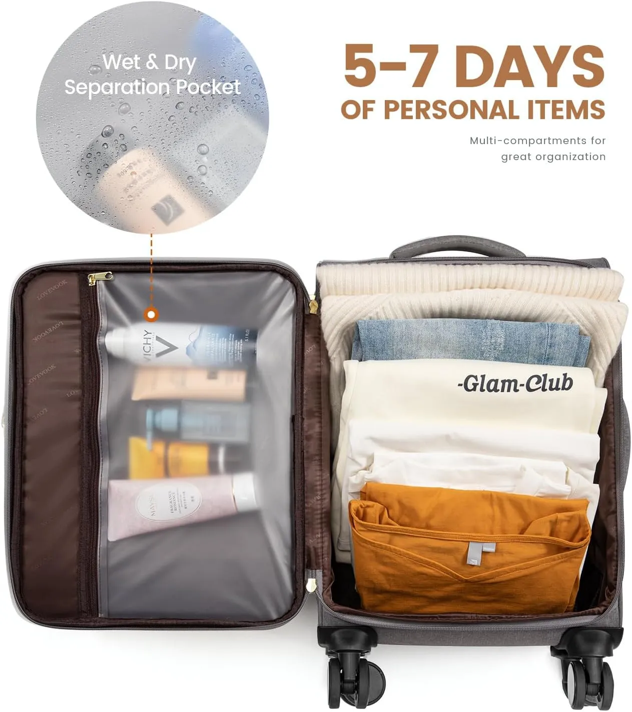LOVEVOOK Carry on Luggage for Women and Men, Softside Suitcases with Daul Wheels