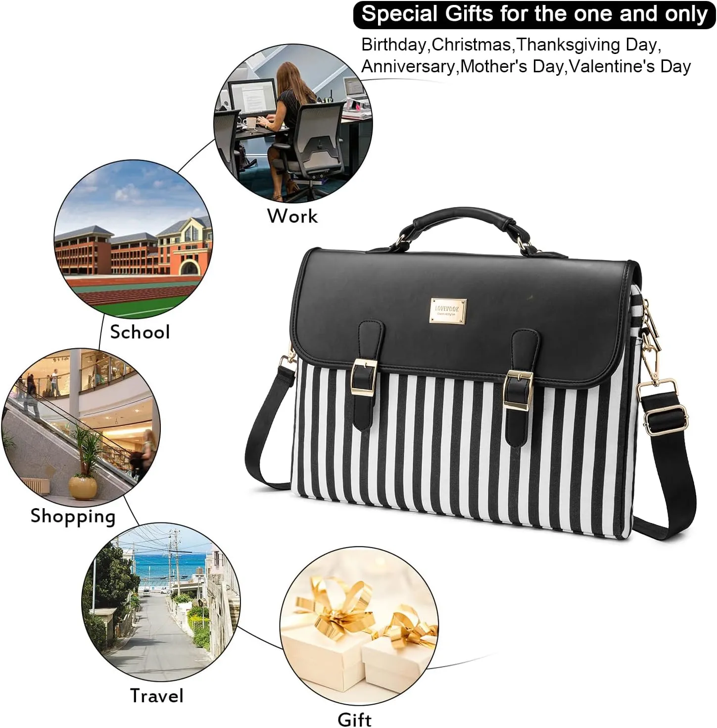 LOVEVOOK Computer Bag Laptop Bag for Women Cute Laptop Messenger Bag for Work College, Slim-Black, 15.6-Inch