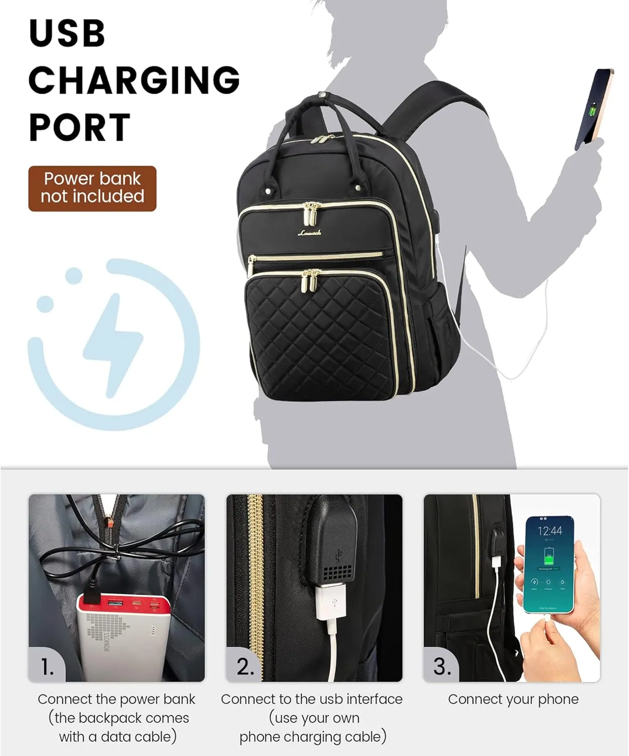 LOVEVOOK Laptop Backpack for Women, 17.3 Inch, Water Resistant, Lightweight, USB Charging, Quilted Commuter Backpack, Black