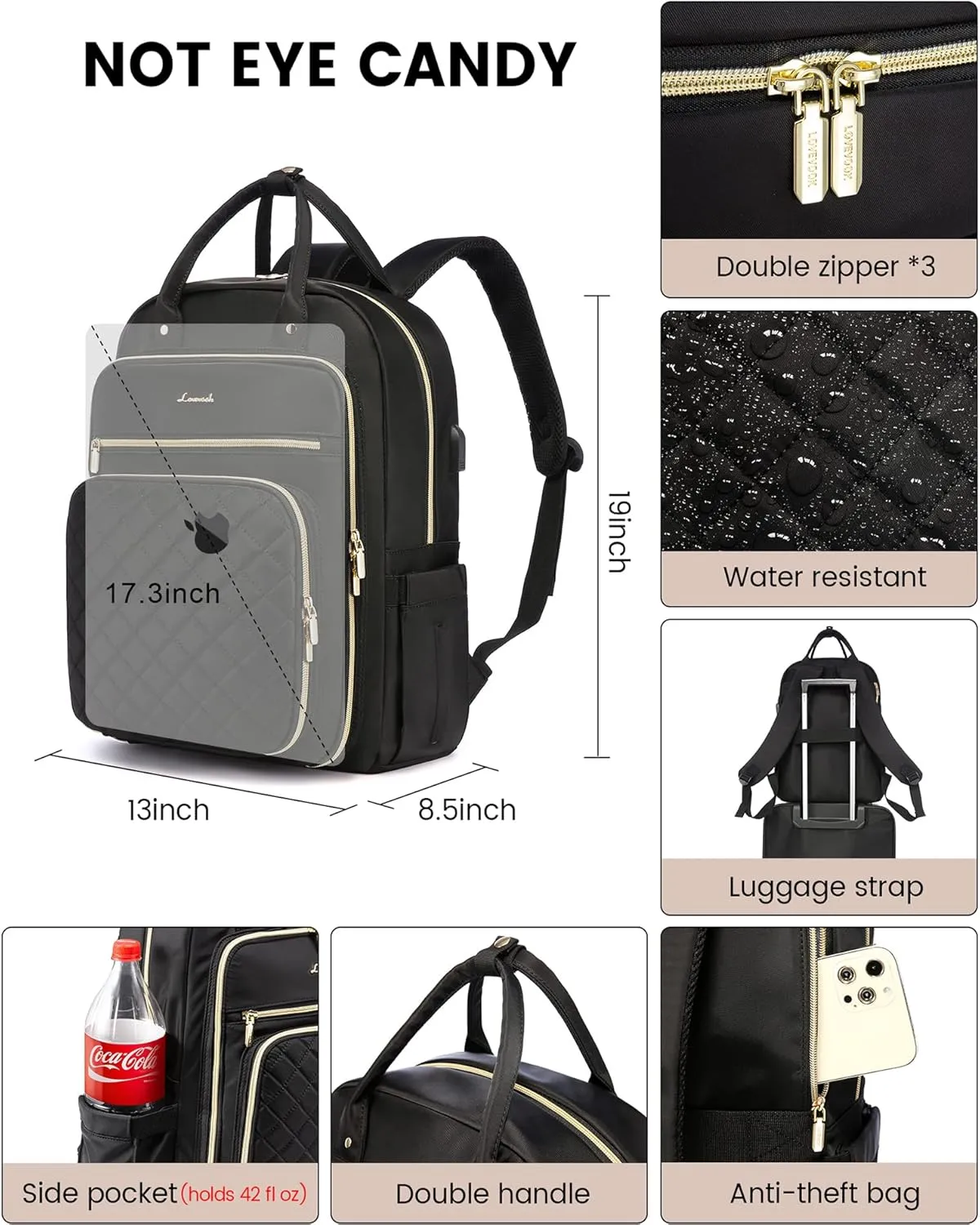 LOVEVOOK Laptop Backpack for Women, 17.3 Inch, Water Resistant, Lightweight, USB Charging, Quilted Commuter Backpack, Black