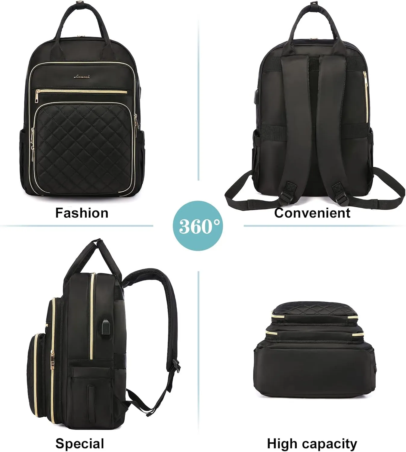 LOVEVOOK Laptop Backpack for Women, 17.3 Inch, Water Resistant, Lightweight, USB Charging, Quilted Commuter Backpack, Black
