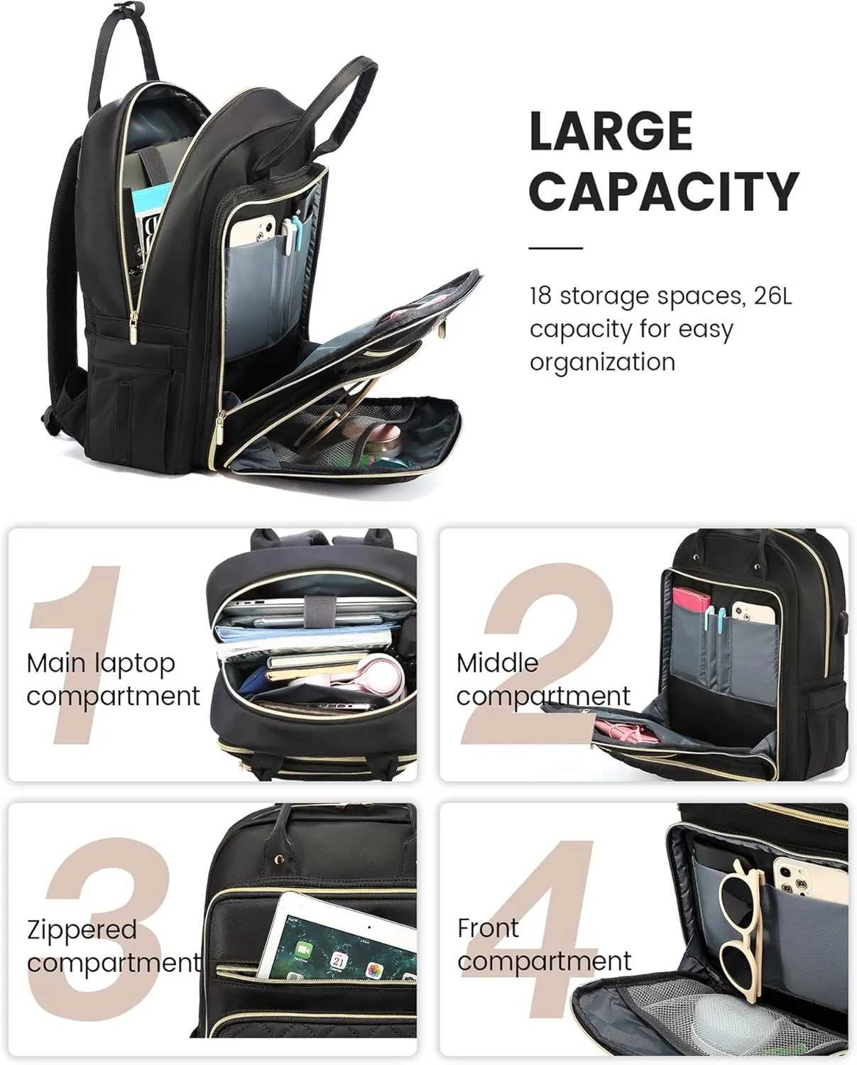 LOVEVOOK Laptop Backpack for Women, 17.3 Inch, Water Resistant, Lightweight, USB Charging, Quilted Commuter Backpack, Black