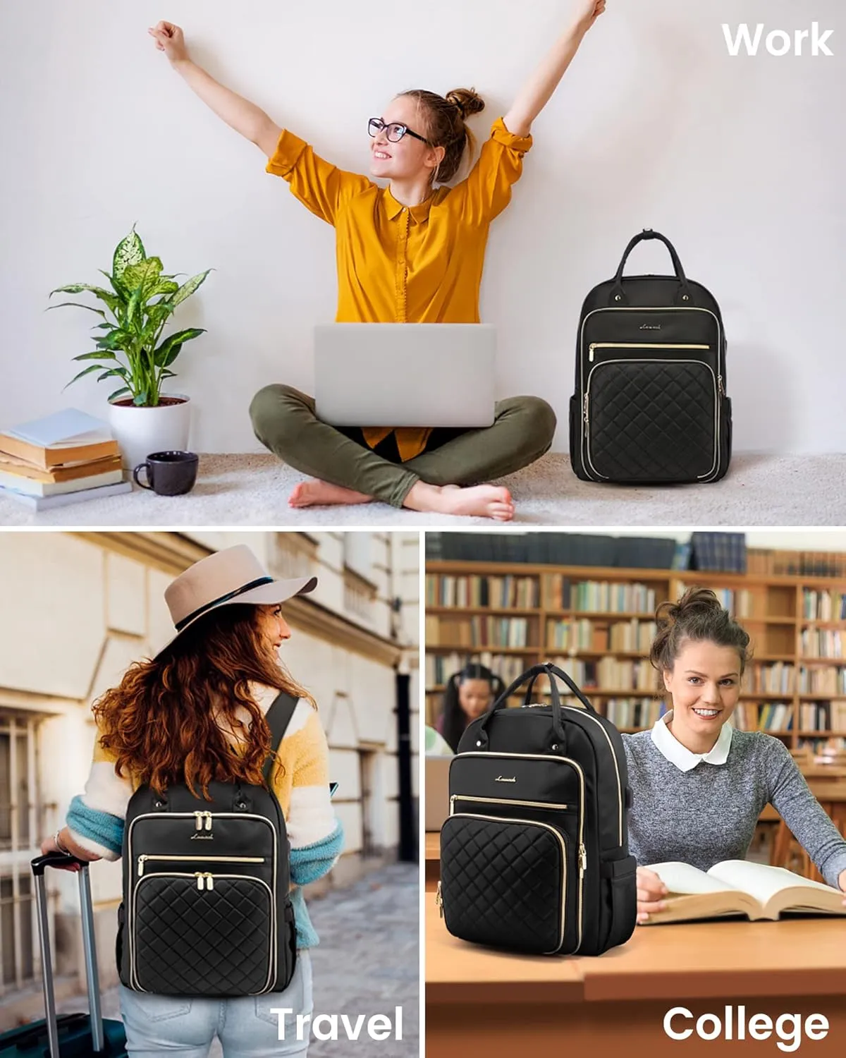 LOVEVOOK Laptop Backpack for Women, 17.3 Inch, Water Resistant, Lightweight, USB Charging, Quilted Commuter Backpack, Black