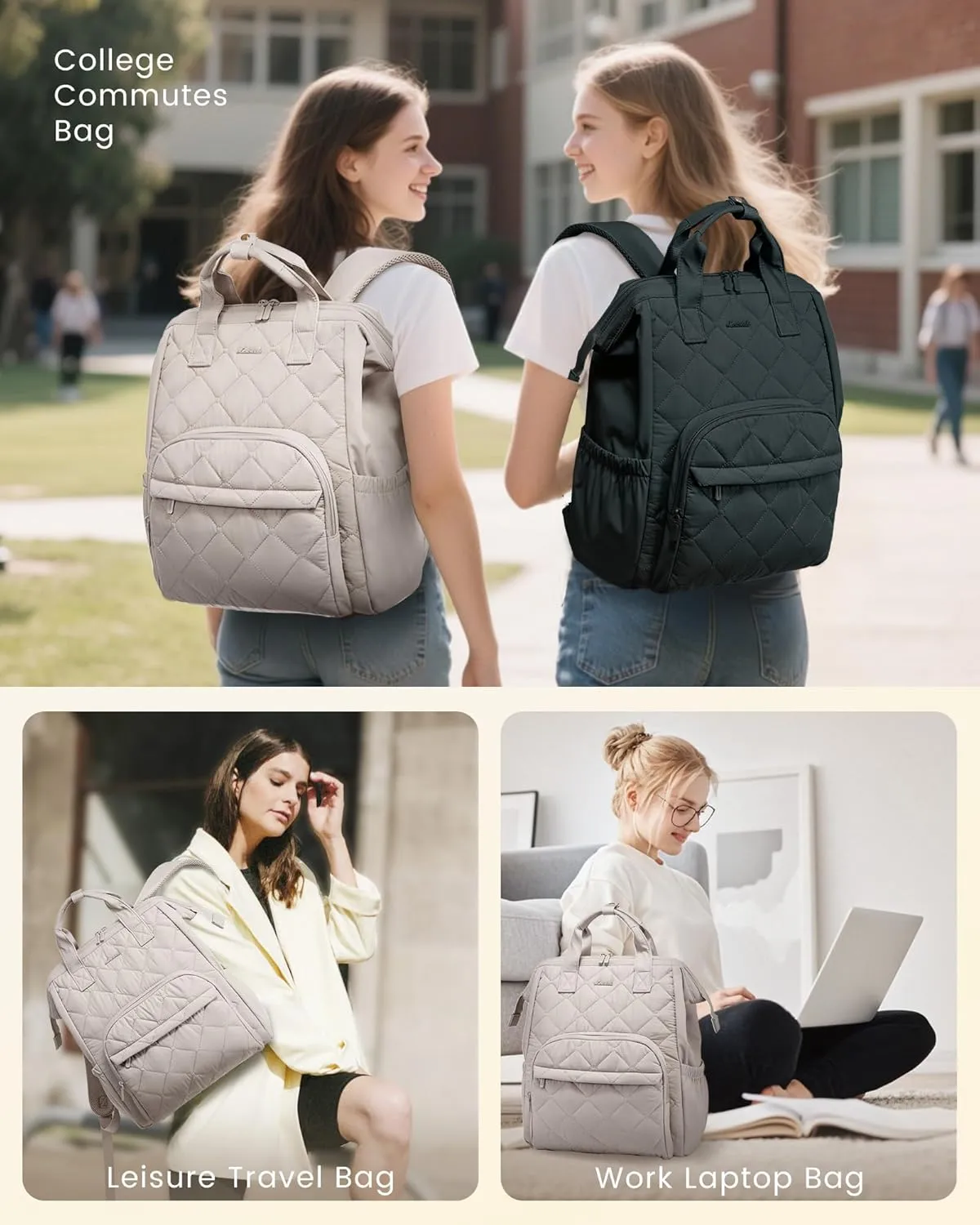 LOVEVOOK Laptop Backpack for Women, Puffer Quilted Computer Bag for Travel Work Business, Casual Daypack for Teacher Nurse,15.6 Inch, Greige