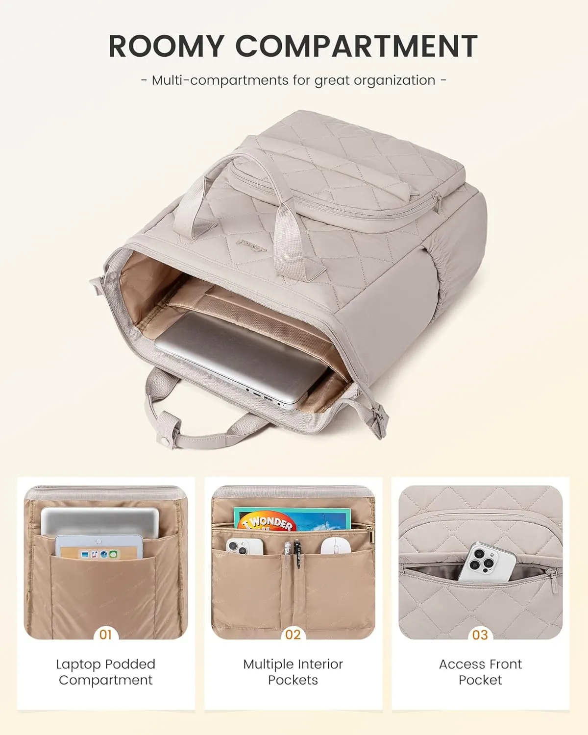 LOVEVOOK Laptop Backpack for Women, Puffer Quilted Computer Bag for Travel Work Business, Casual Daypack for Teacher Nurse,15.6 Inch, Greige