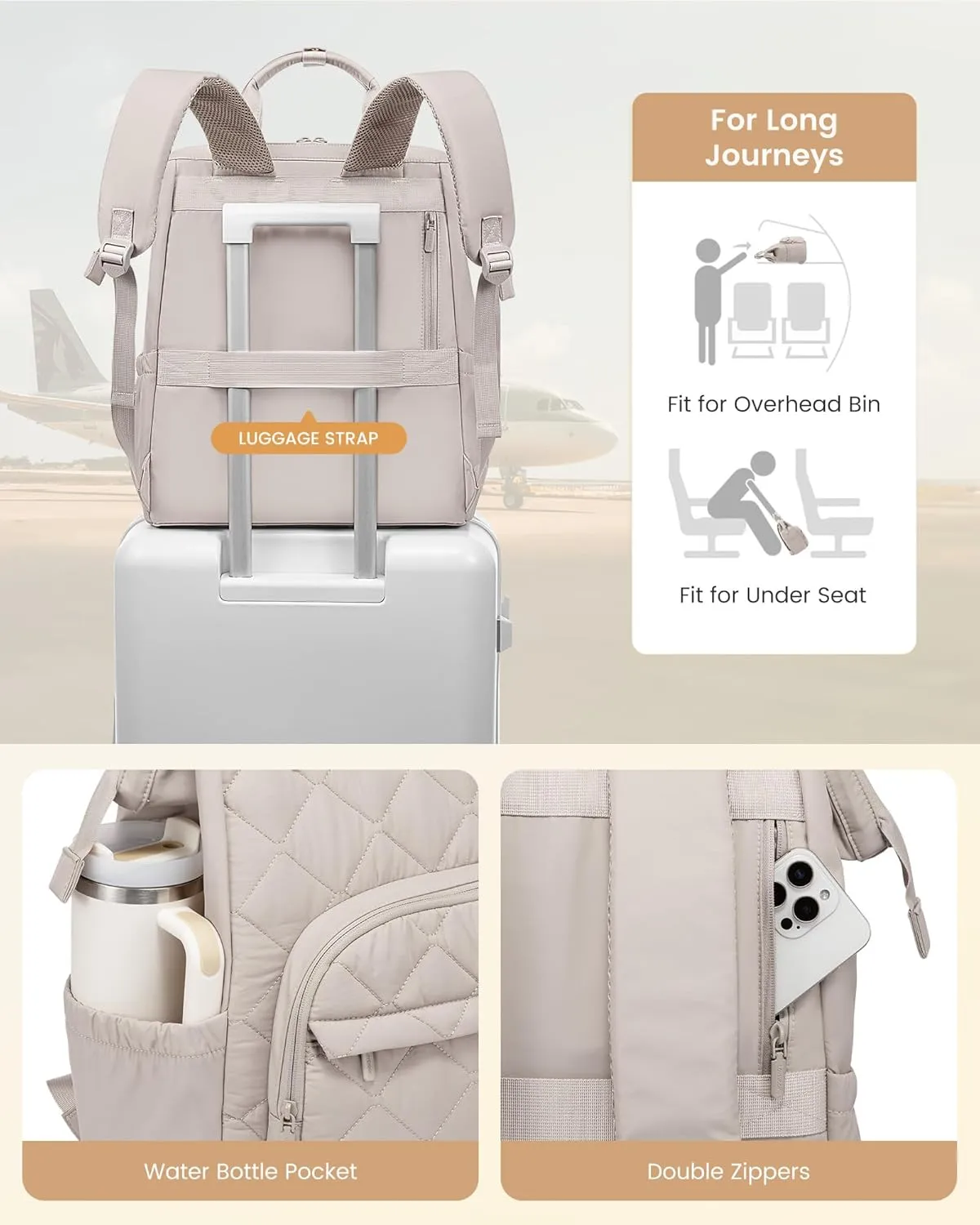 LOVEVOOK Laptop Backpack for Women, Puffer Quilted Computer Bag for Travel Work Business, Casual Daypack for Teacher Nurse,15.6 Inch, Greige