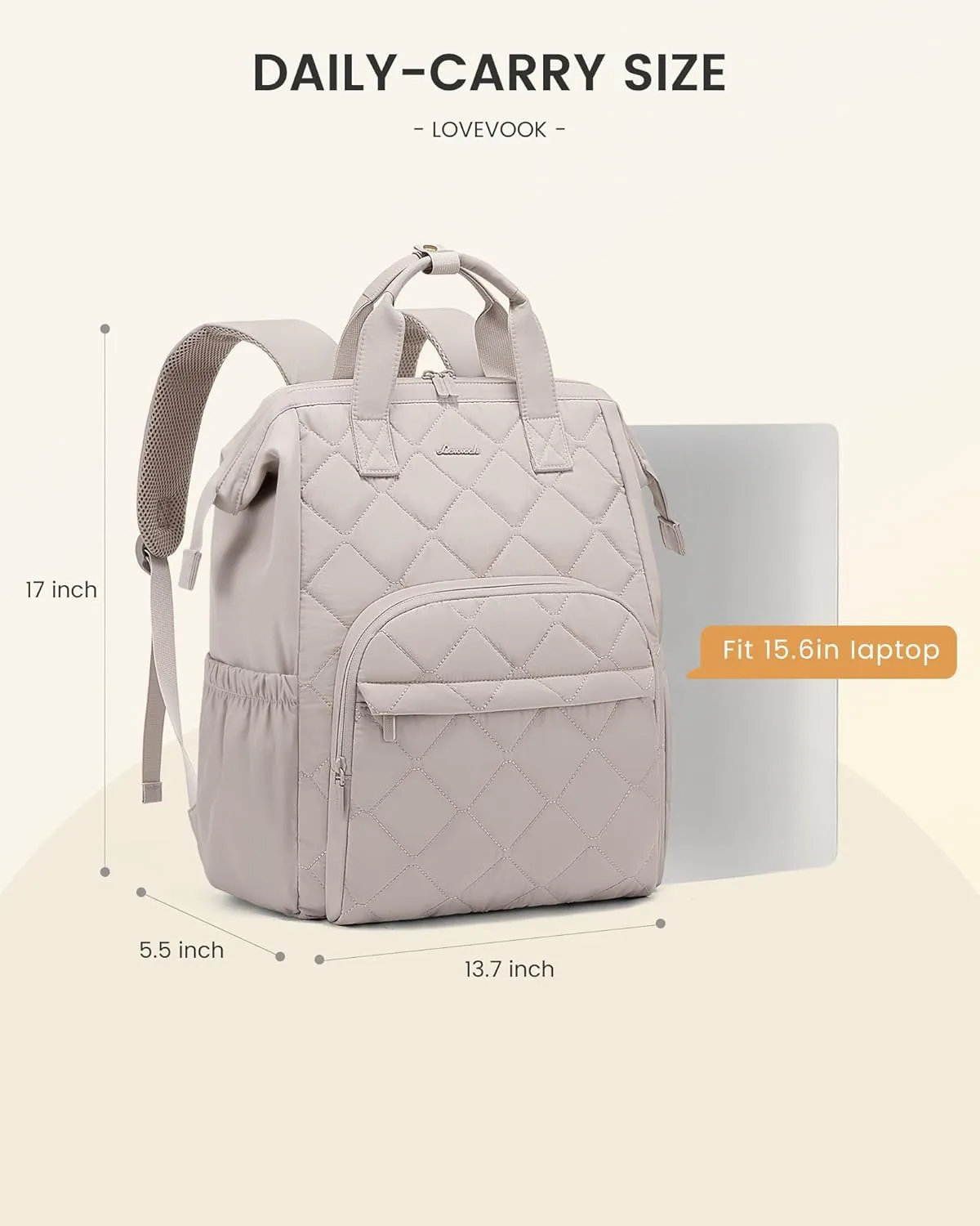 LOVEVOOK Laptop Backpack for Women, Puffer Quilted Computer Bag for Travel Work Business, Casual Daypack for Teacher Nurse,15.6 Inch, Greige