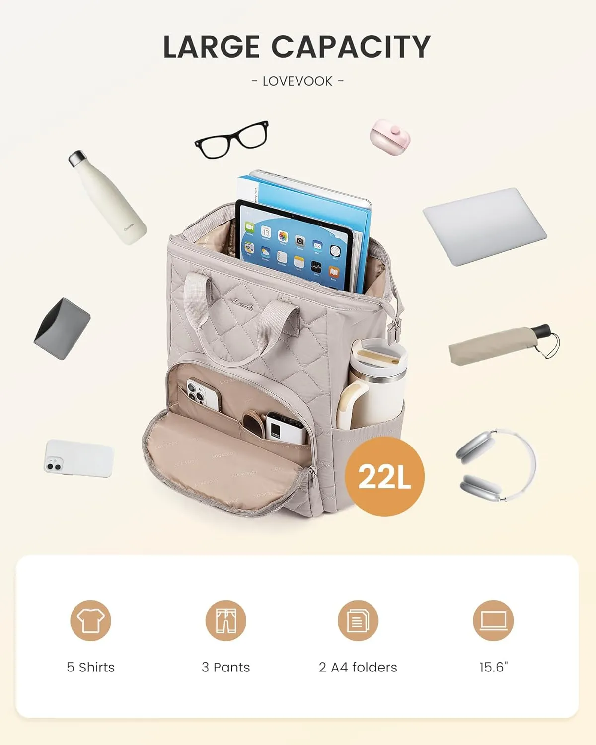 LOVEVOOK Laptop Backpack for Women, Puffer Quilted Computer Bag for Travel Work Business, Casual Daypack for Teacher Nurse,15.6 Inch, Greige