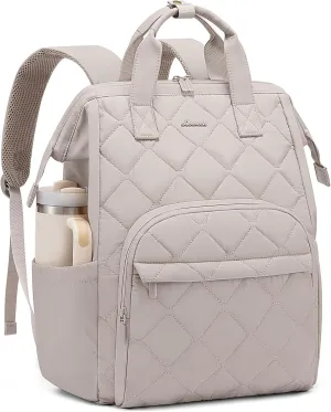 LOVEVOOK Laptop Backpack for Women, Puffer Quilted Computer Bag for Travel Work Business, Casual Daypack for Teacher Nurse,15.6 Inch, Greige