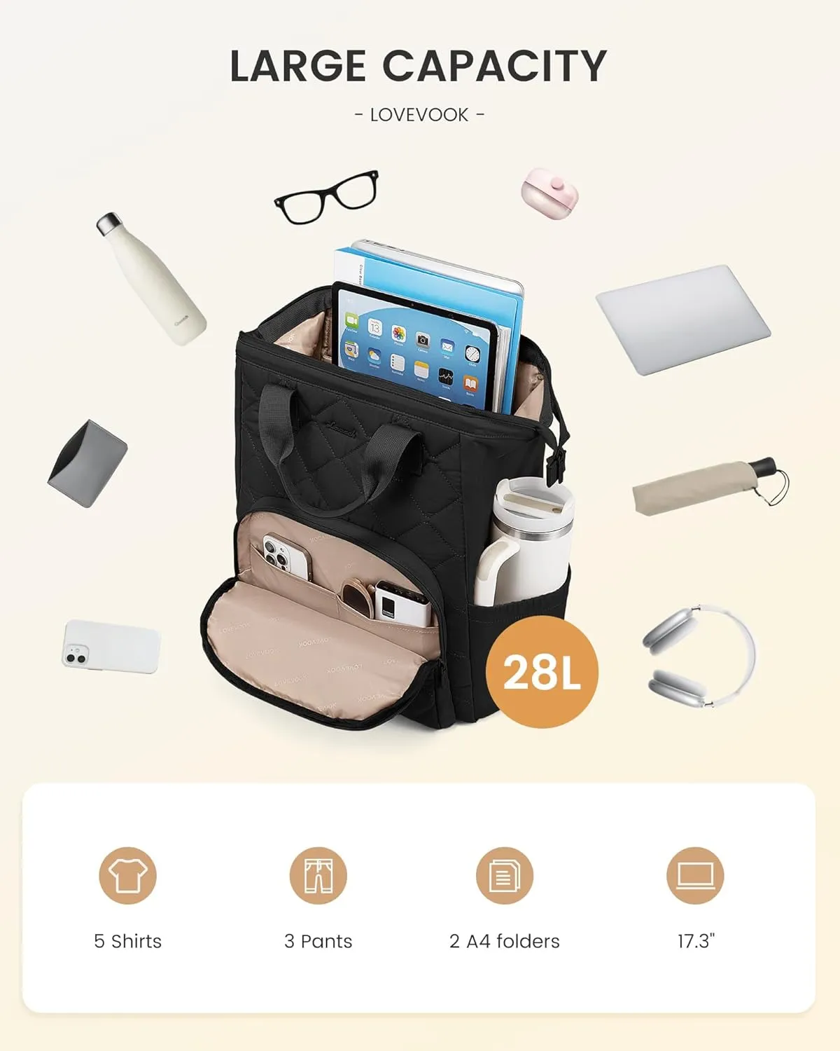 LOVEVOOK Laptop Backpack for Women, Puffer Quilted Computer Bag for Travel Work Business, Casual Daypack for Teacher Nurse,17.3 Inch, Black