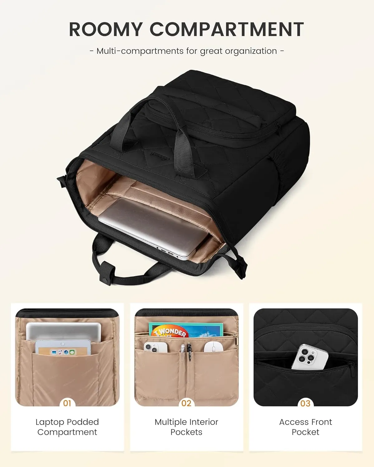 LOVEVOOK Laptop Backpack for Women, Puffer Quilted Computer Bag for Travel Work Business, Casual Daypack for Teacher Nurse,17.3 Inch, Black