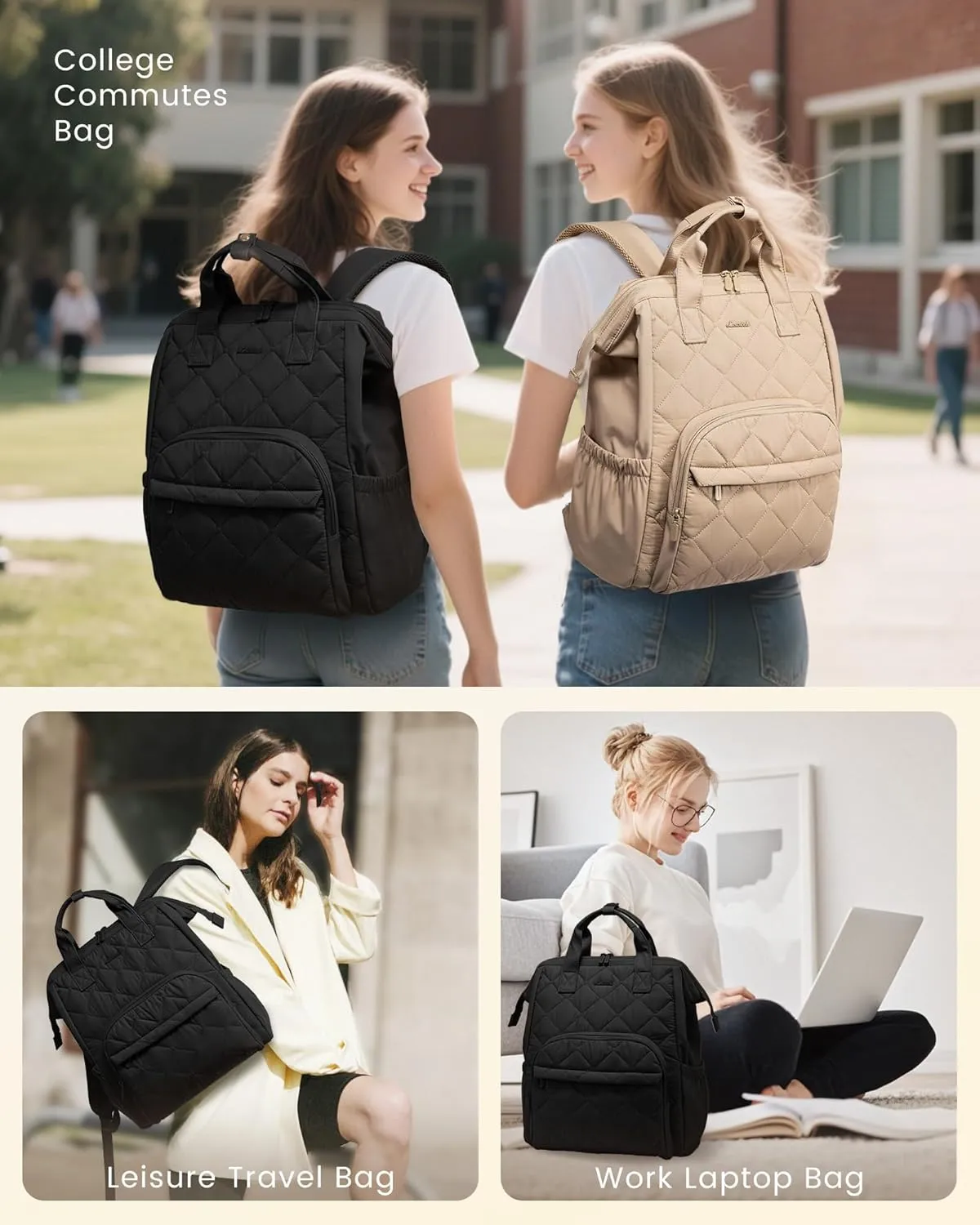 LOVEVOOK Laptop Backpack for Women, Puffer Quilted Computer Bag for Travel Work Business, Casual Daypack for Teacher Nurse,17.3 Inch, Black