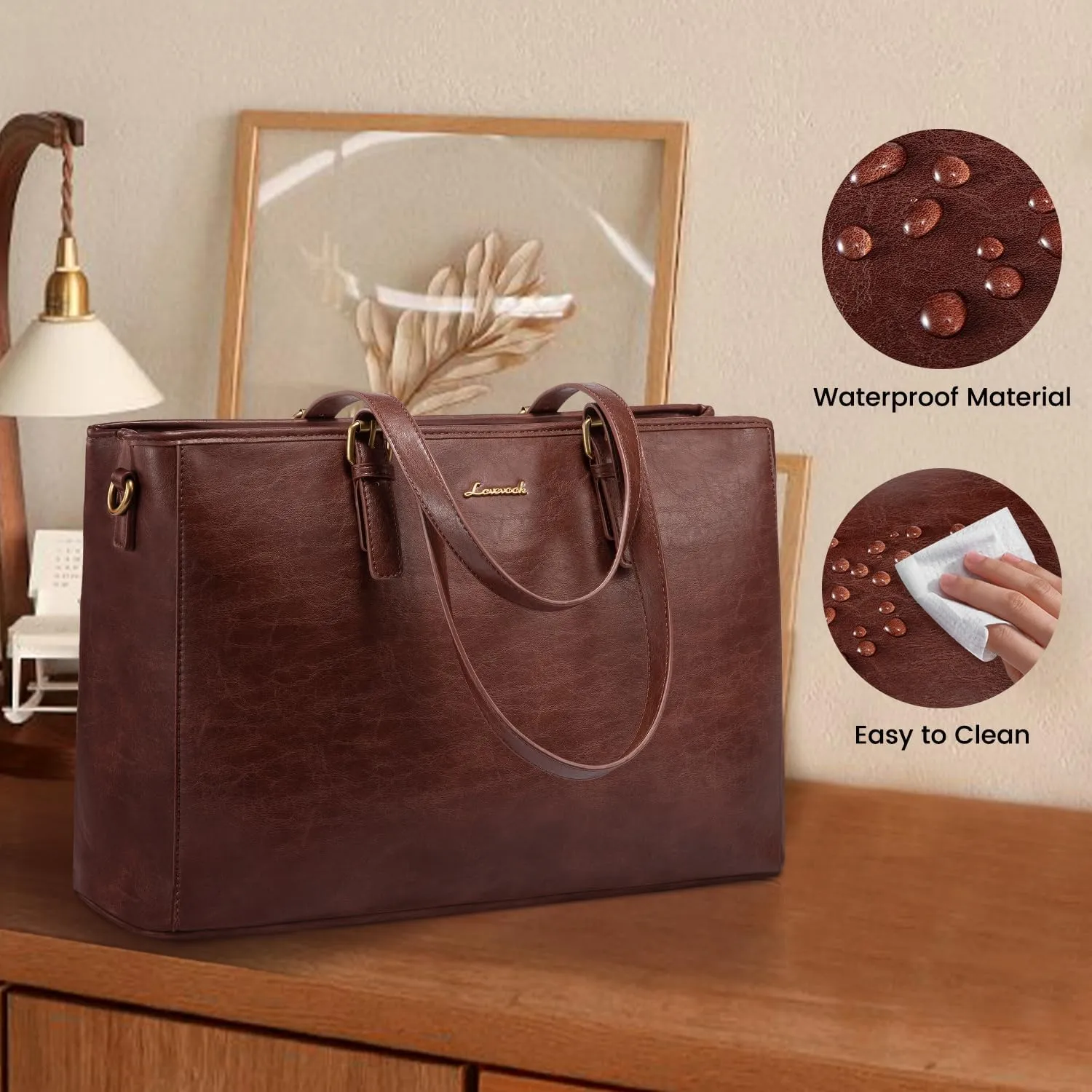 LOVEVOOK Laptop Bag, 15.6 Inch Womens Vegan Leather Computer Briefcase, Professional Office Work Tote, Waterproof Laptop Purse, Dark Brown