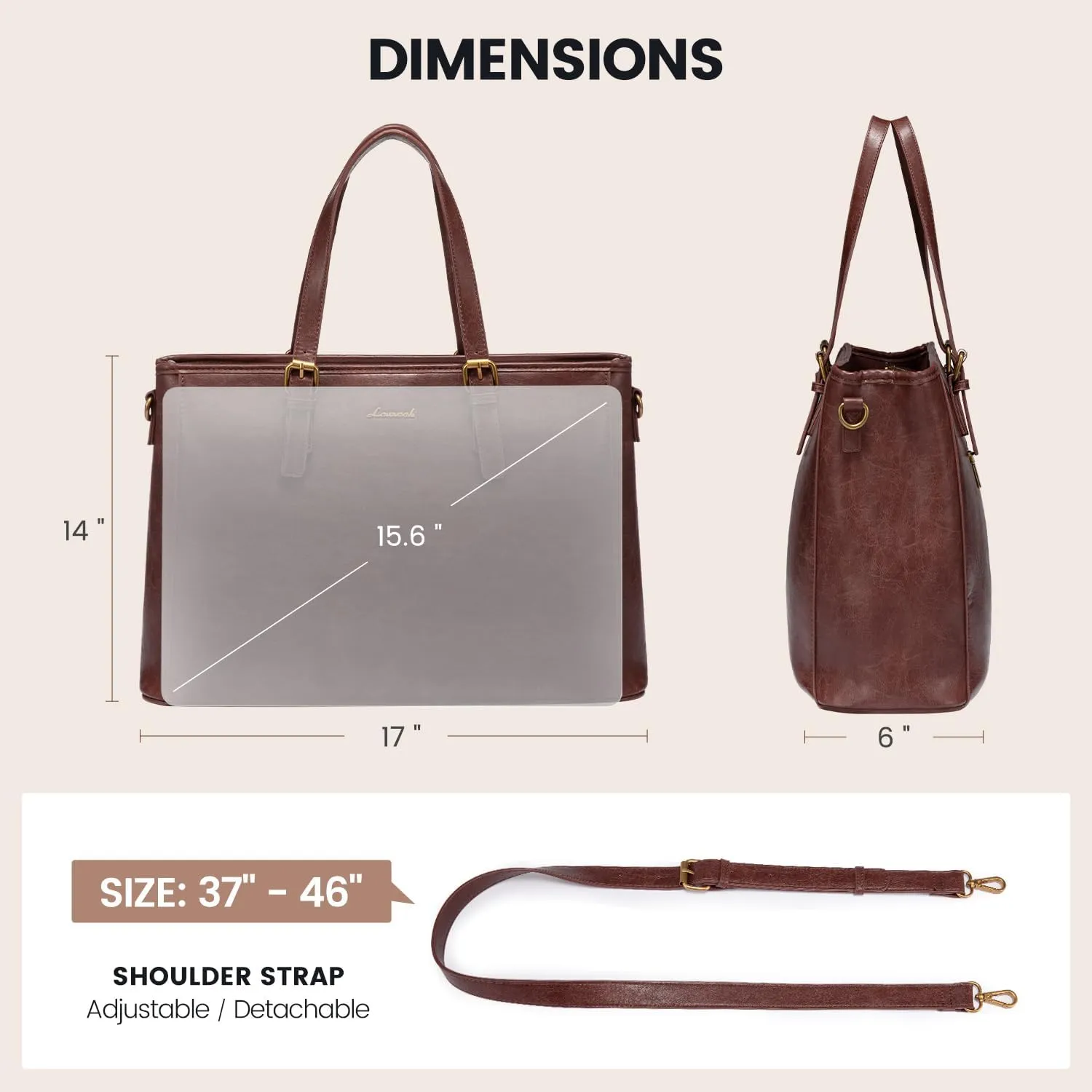 LOVEVOOK Laptop Bag, 15.6 Inch Womens Vegan Leather Computer Briefcase, Professional Office Work Tote, Waterproof Laptop Purse, Dark Brown