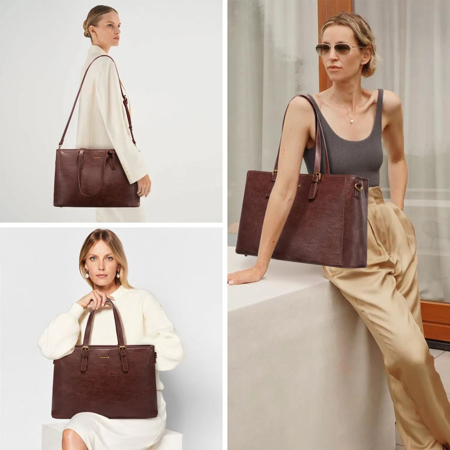 LOVEVOOK Laptop Bag, 15.6 Inch Womens Vegan Leather Computer Briefcase, Professional Office Work Tote, Waterproof Laptop Purse, Dark Brown