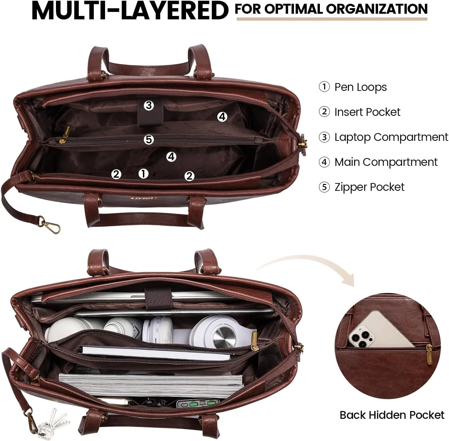 LOVEVOOK Laptop Bag, 15.6 Inch Womens Vegan Leather Computer Briefcase, Professional Office Work Tote, Waterproof Laptop Purse, Dark Brown