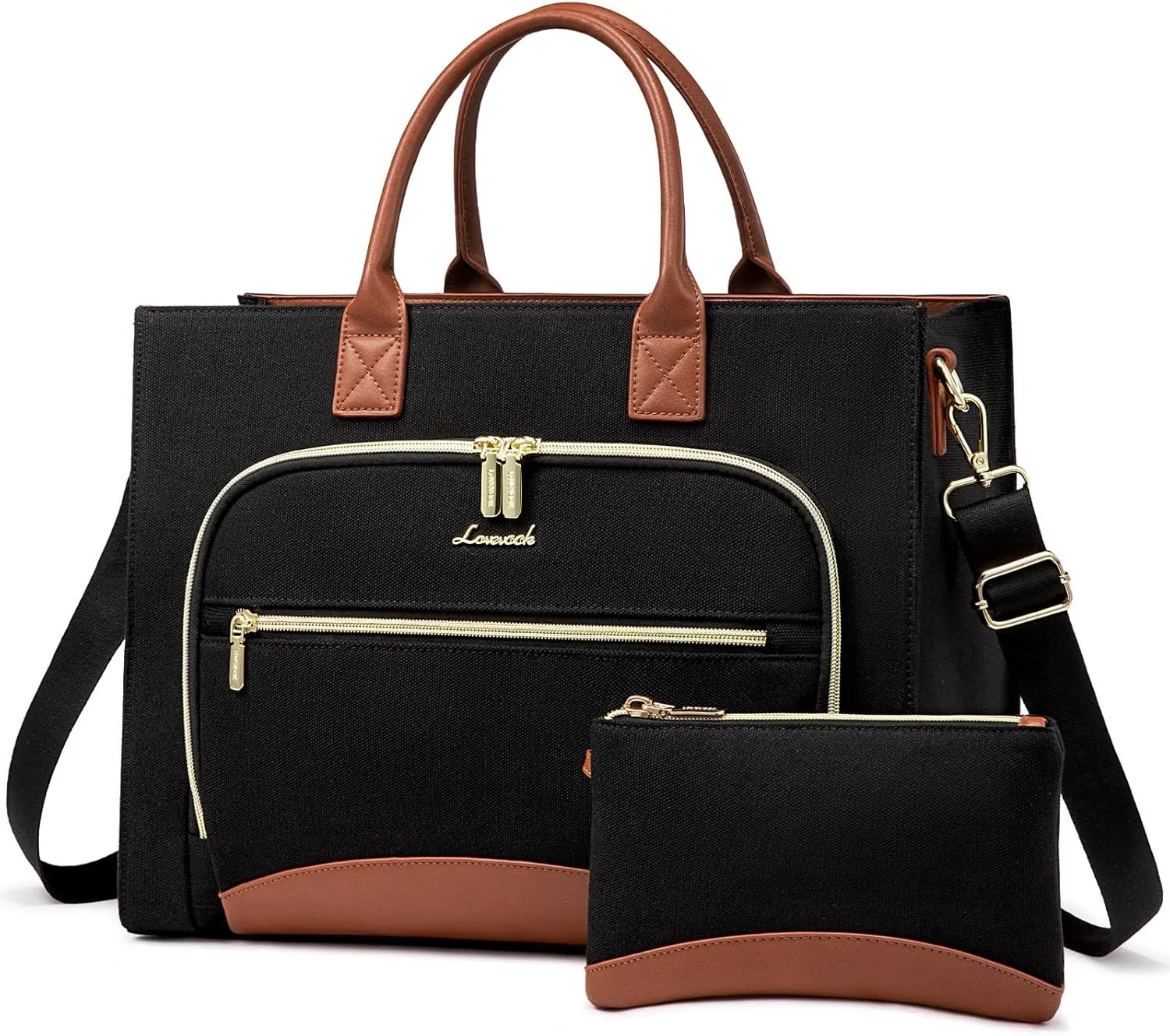 LOVEVOOK Laptop Bag for Women 15.6 inch Canvas Laptop Tote Bag， Large Professional Teacher Purse Lightweight Computer Bag Briefcase Business Office, Black Brown