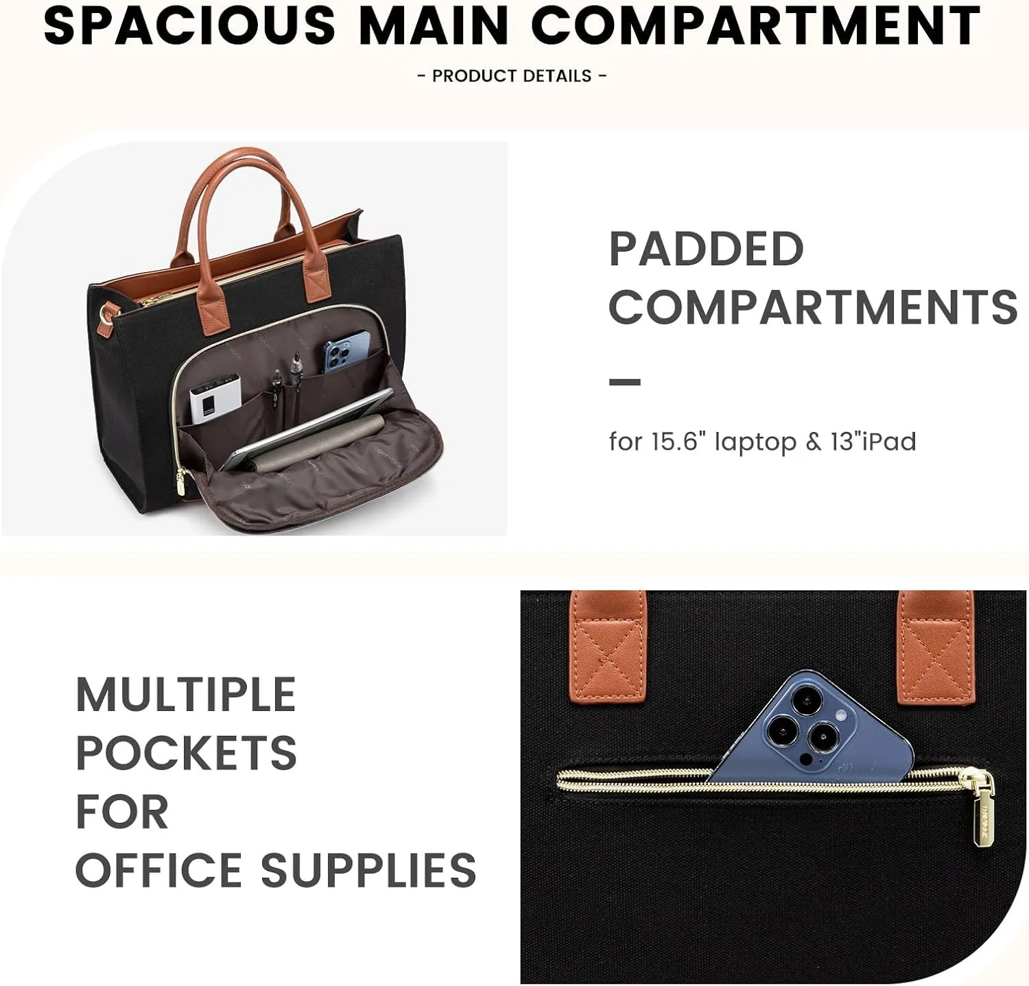 LOVEVOOK Laptop Bag for Women 15.6 inch Canvas Laptop Tote Bag， Large Professional Teacher Purse Lightweight Computer Bag Briefcase Business Office, Black Brown