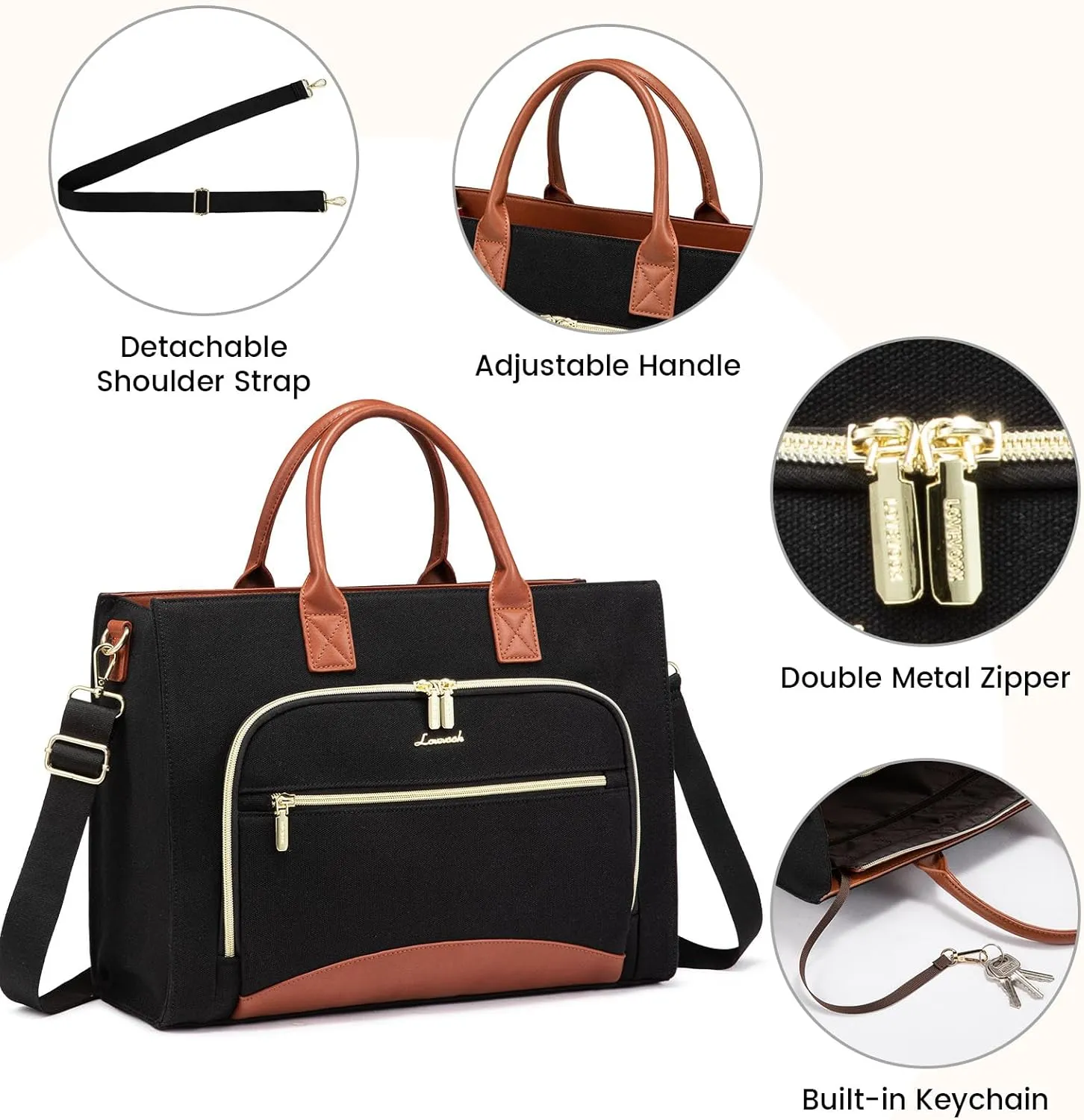 LOVEVOOK Laptop Bag for Women 15.6 inch Canvas Laptop Tote Bag， Large Professional Teacher Purse Lightweight Computer Bag Briefcase Business Office, Black Brown