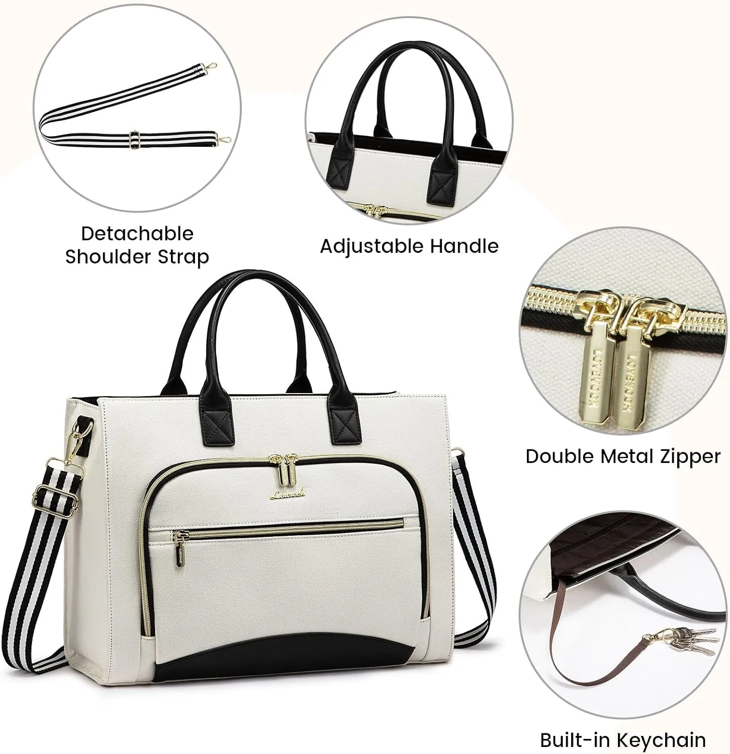 LOVEVOOK Laptop Bag for Women 15.6 inch Canvas Laptop Tote Bag， Large Professional Teacher Purse Lightweight Computer Bag Briefcase Business Office, White Black