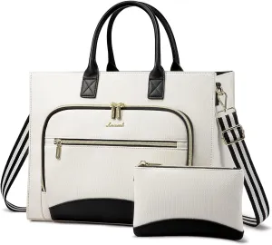 LOVEVOOK Laptop Bag for Women 15.6 inch Canvas Laptop Tote Bag， Large Professional Teacher Purse Lightweight Computer Bag Briefcase Business Office, White Black