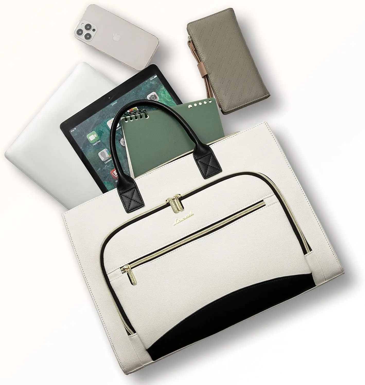 LOVEVOOK Laptop Bag for Women 15.6 inch Canvas Laptop Tote Bag， Large Professional Teacher Purse Lightweight Computer Bag Briefcase Business Office, White Black