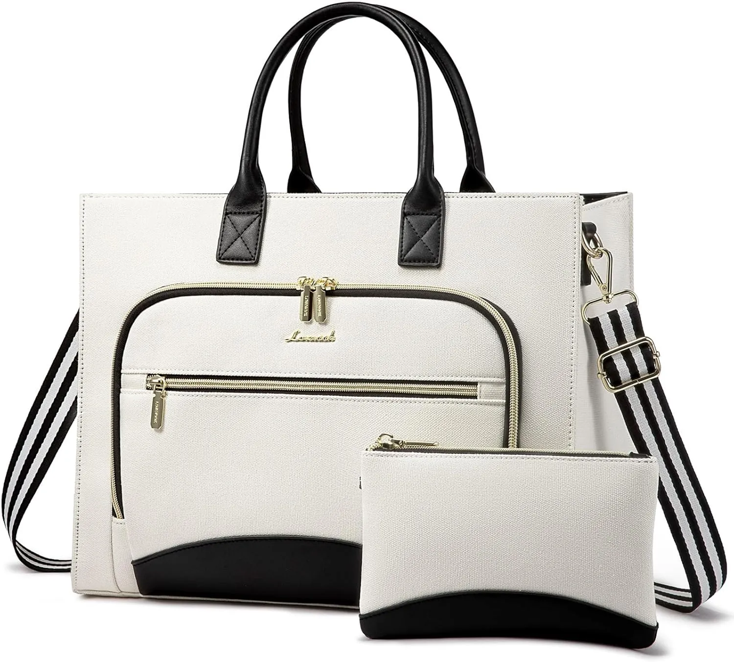 LOVEVOOK Laptop Bag for Women 15.6 inch Canvas Laptop Tote Bag， Large Professional Teacher Purse Lightweight Computer Bag Briefcase Business Office, White Black