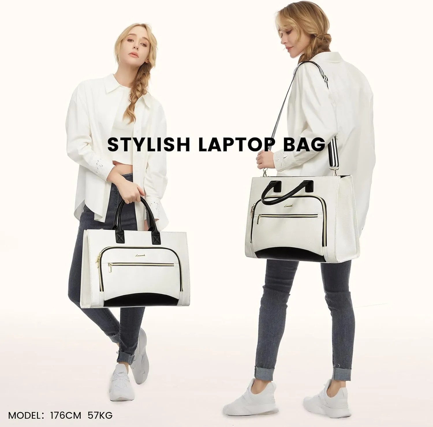 LOVEVOOK Laptop Bag for Women 15.6 inch Canvas Laptop Tote Bag， Large Professional Teacher Purse Lightweight Computer Bag Briefcase Business Office, White Black