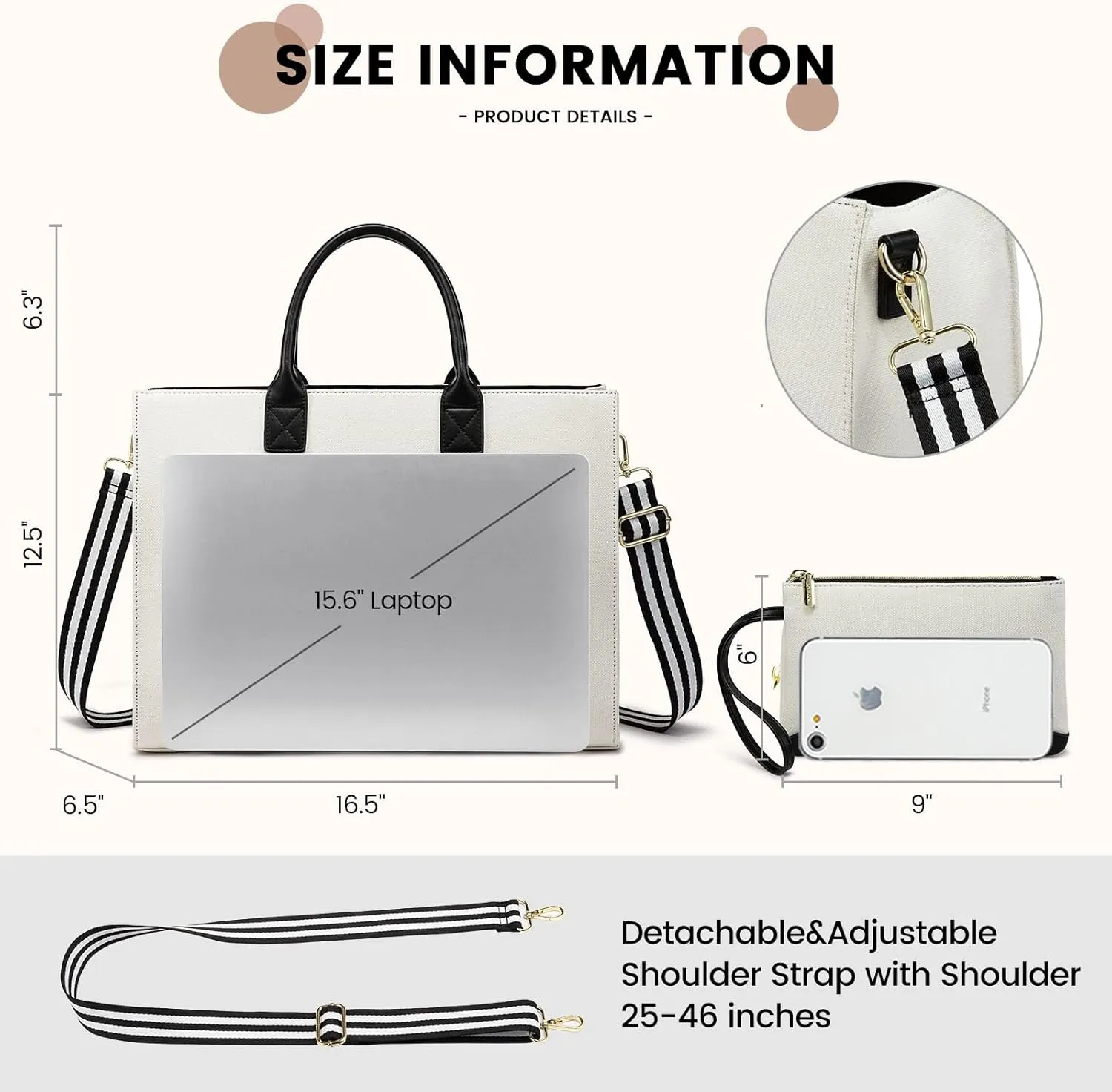 LOVEVOOK Laptop Bag for Women 15.6 inch Canvas Laptop Tote Bag， Large Professional Teacher Purse Lightweight Computer Bag Briefcase Business Office, White Black