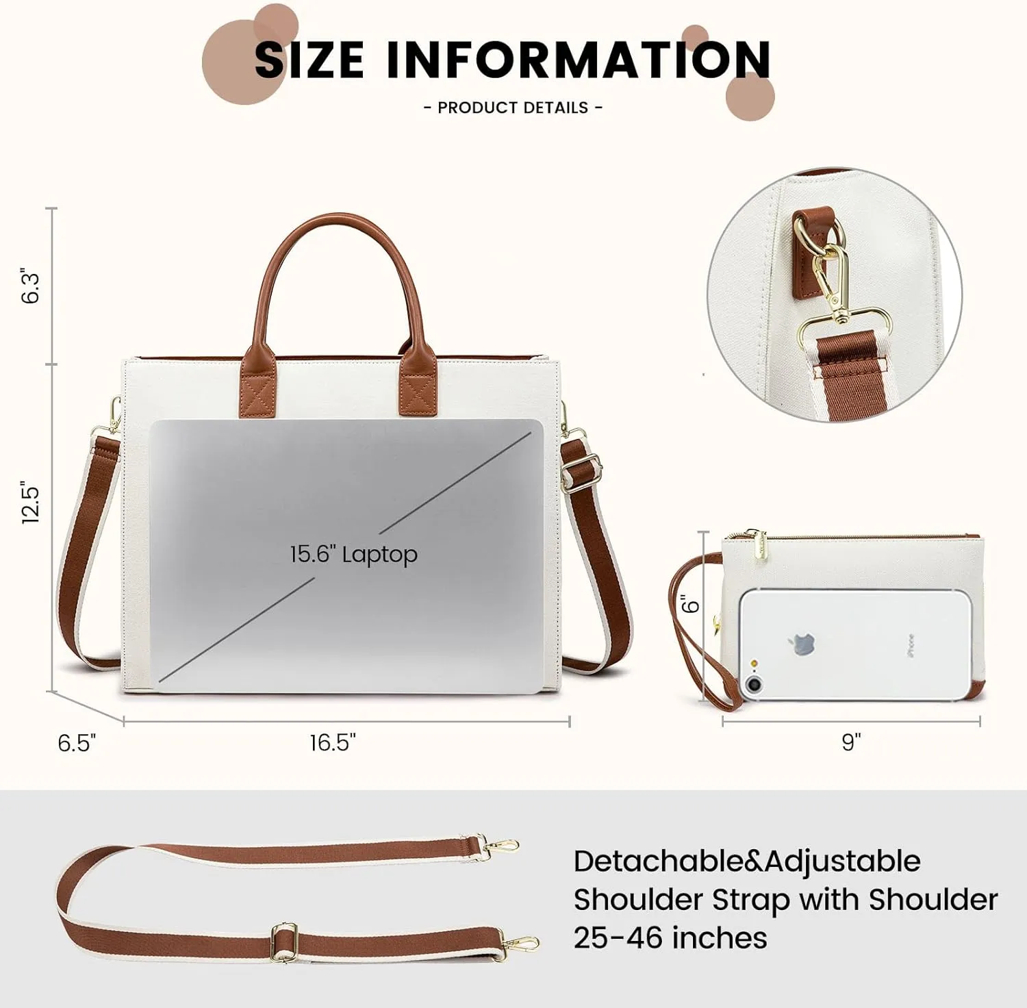 LOVEVOOK Laptop Bag for Women 15.6 inch Canvas Laptop Tote Bag， Large Professional Teacher Purse Lightweight Computer Bag Briefcase Business Office, White Brown