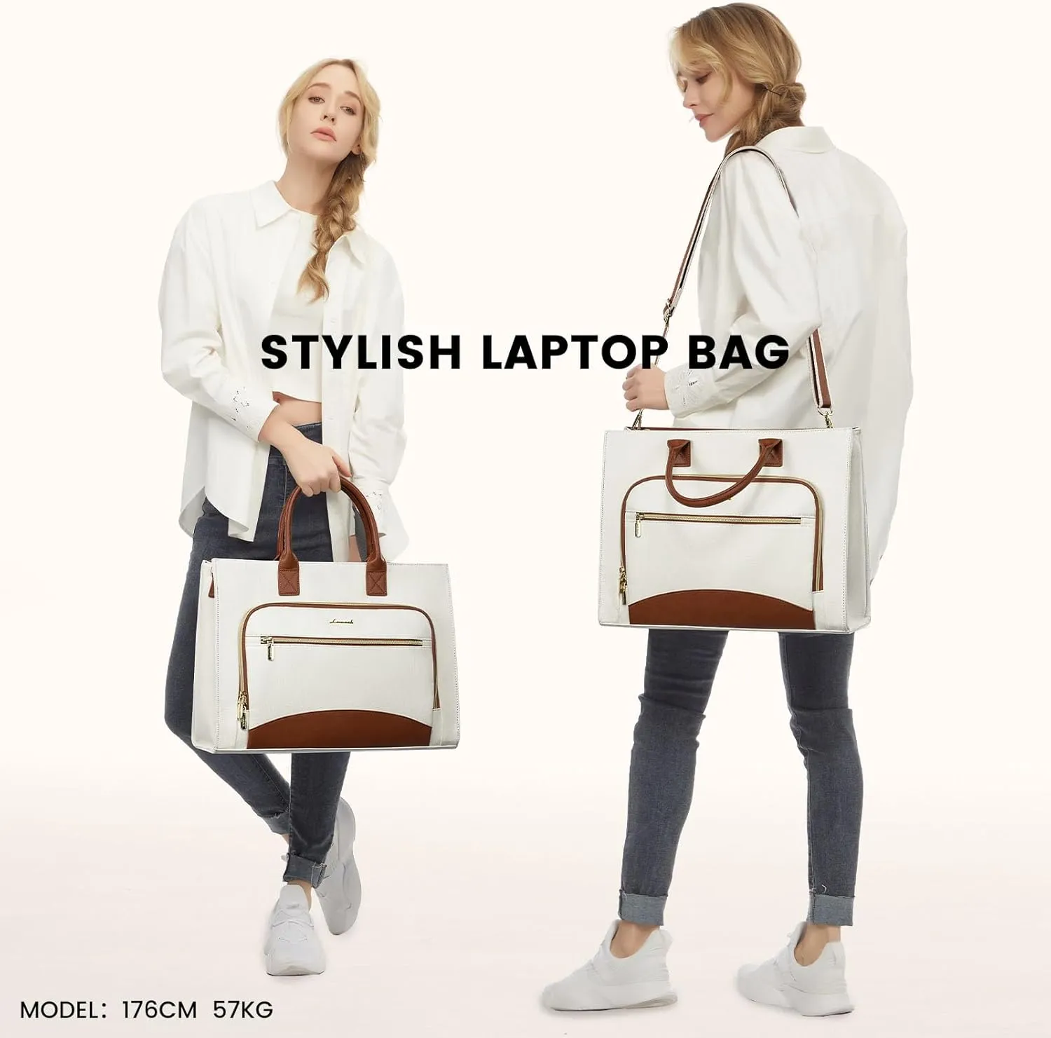 LOVEVOOK Laptop Bag for Women 15.6 inch Canvas Laptop Tote Bag， Large Professional Teacher Purse Lightweight Computer Bag Briefcase Business Office, White Brown