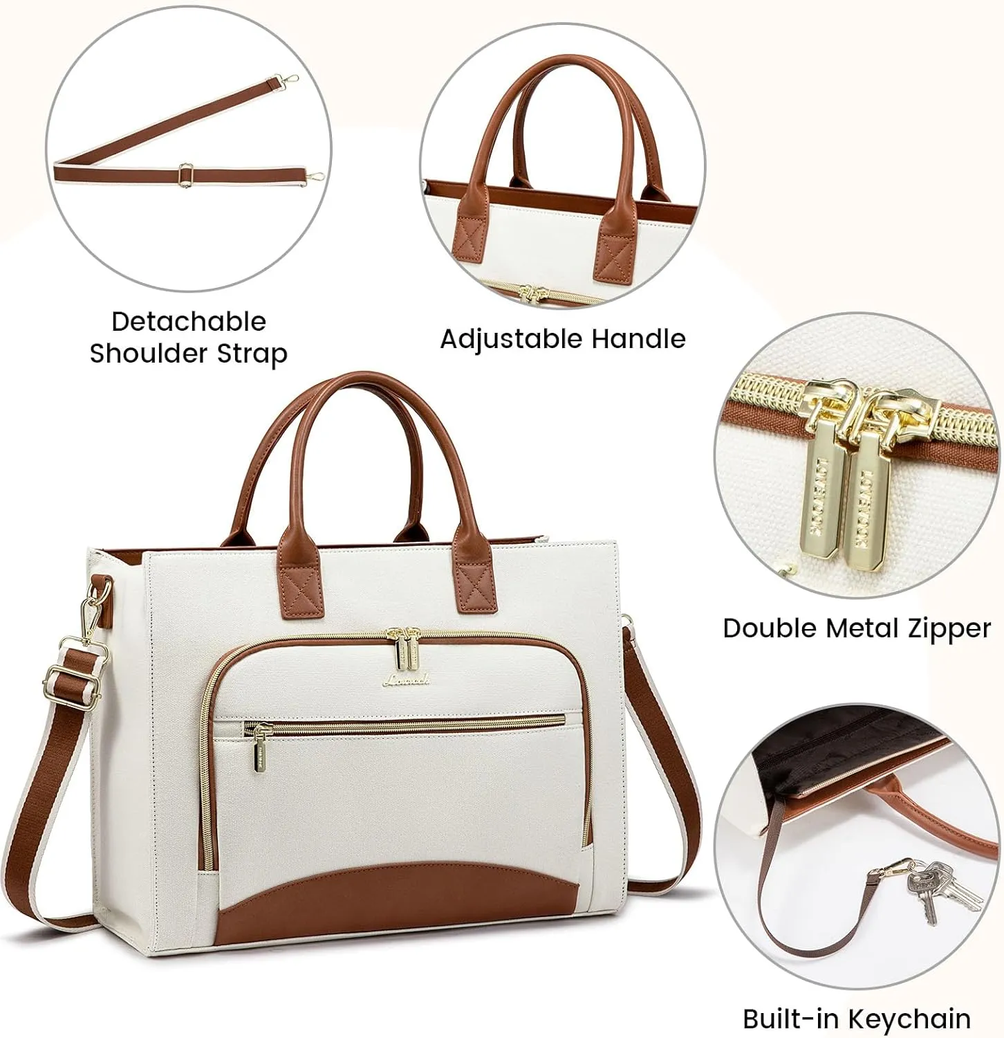 LOVEVOOK Laptop Bag for Women 15.6 inch Canvas Laptop Tote Bag， Large Professional Teacher Purse Lightweight Computer Bag Briefcase Business Office, White Brown