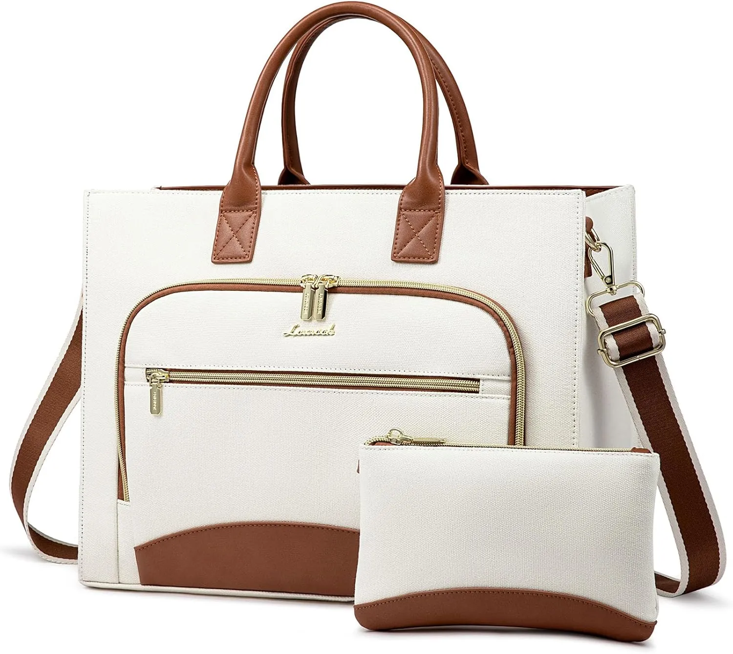 LOVEVOOK Laptop Bag for Women 15.6 inch Canvas Laptop Tote Bag， Large Professional Teacher Purse Lightweight Computer Bag Briefcase Business Office, White Brown
