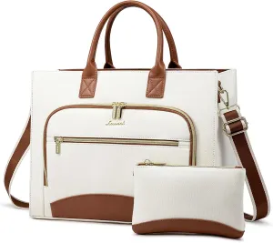LOVEVOOK Laptop Bag for Women 15.6 inch Canvas Laptop Tote Bag， Large Professional Teacher Purse Lightweight Computer Bag Briefcase Business Office, White Brown