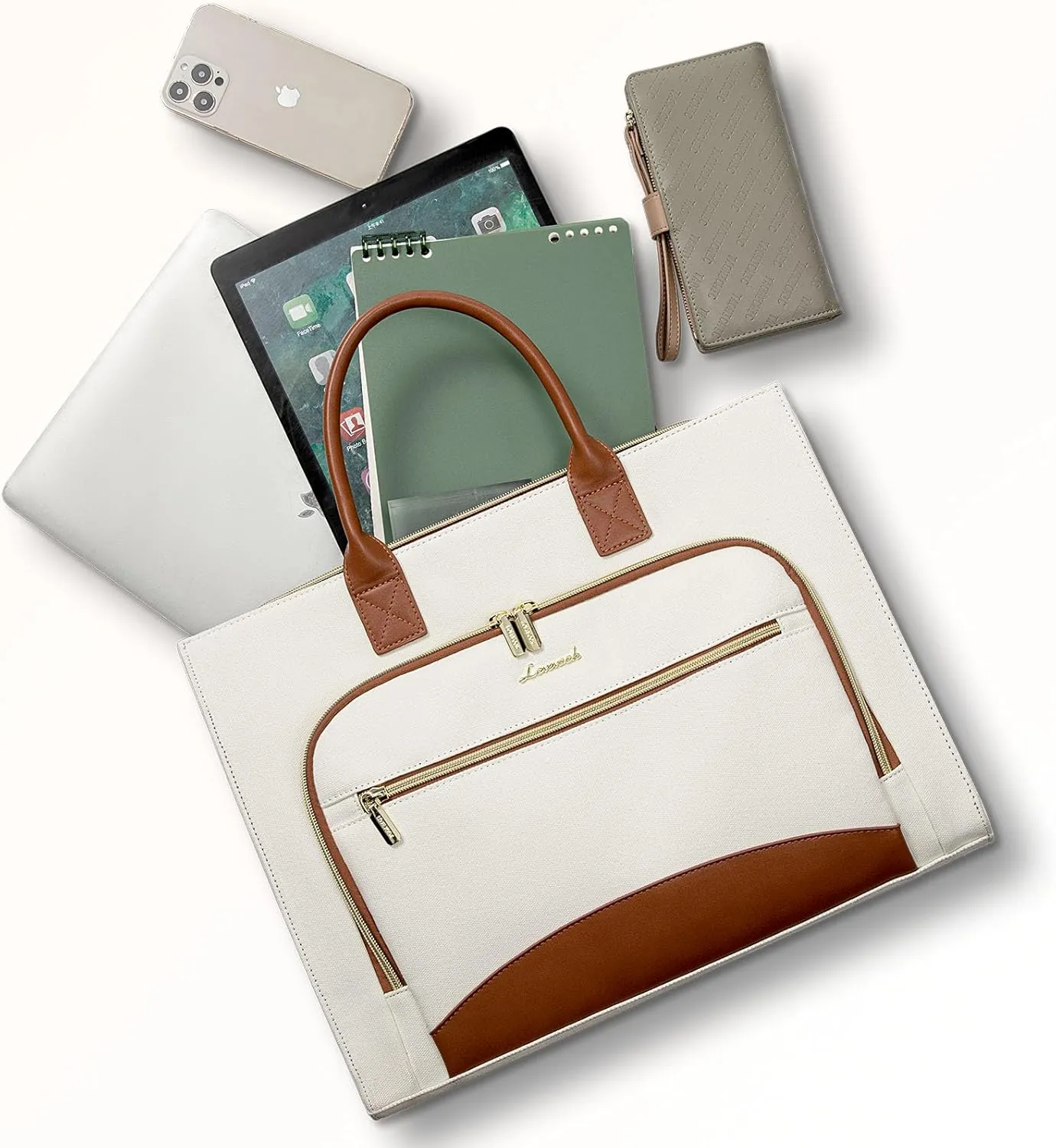 LOVEVOOK Laptop Bag for Women 15.6 inch Canvas Laptop Tote Bag， Large Professional Teacher Purse Lightweight Computer Bag Briefcase Business Office, White Brown
