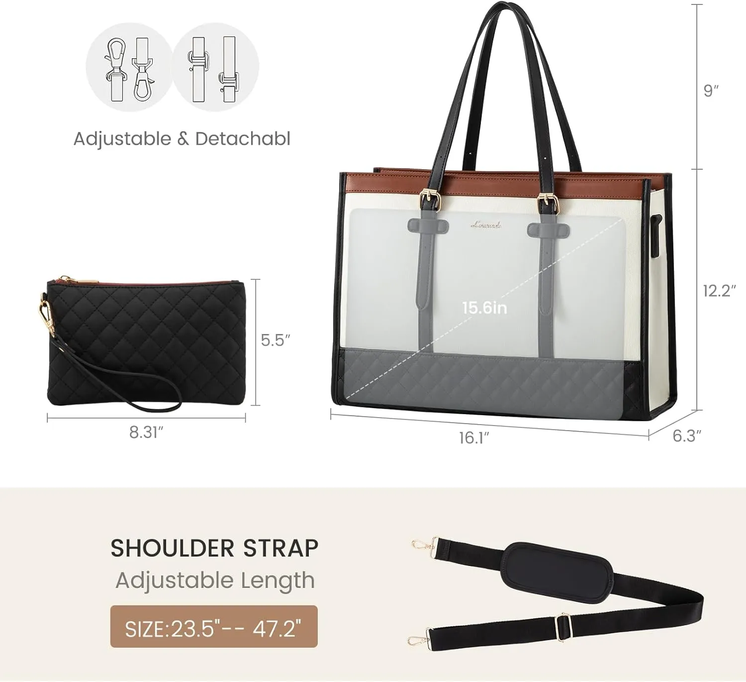 LOVEVOOK Laptop Bag for Women - 15.6 inch Canvas Laptop Tote with Clutch Purse, Office Business Briefcase, Casual Handbag for Travel, College, Teacher, School